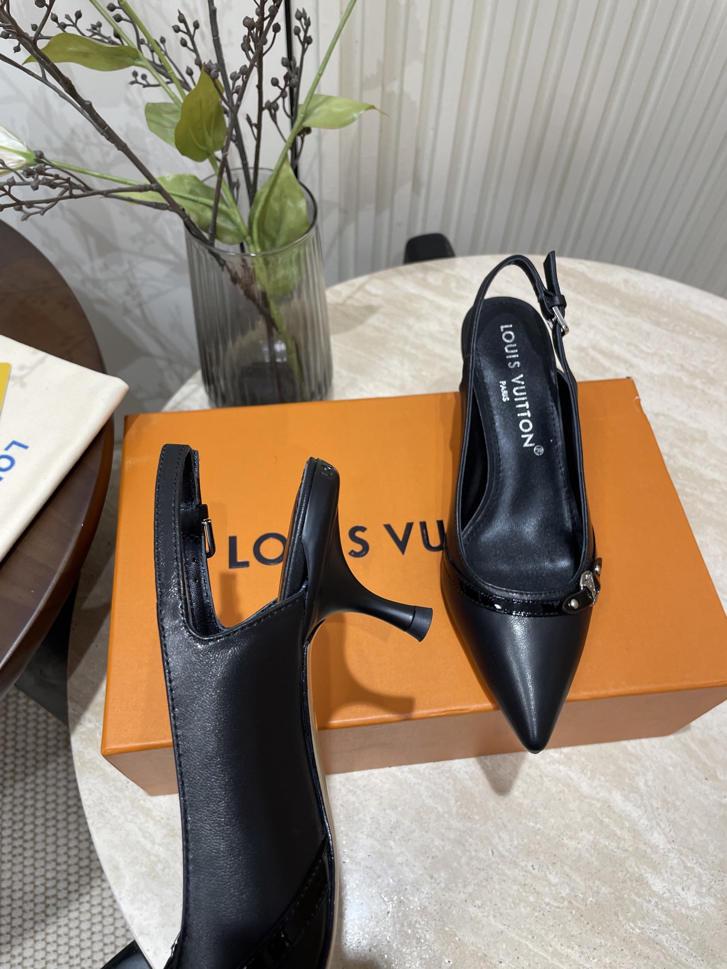 L V Pointed-Toe Slingback Heeled Sandals