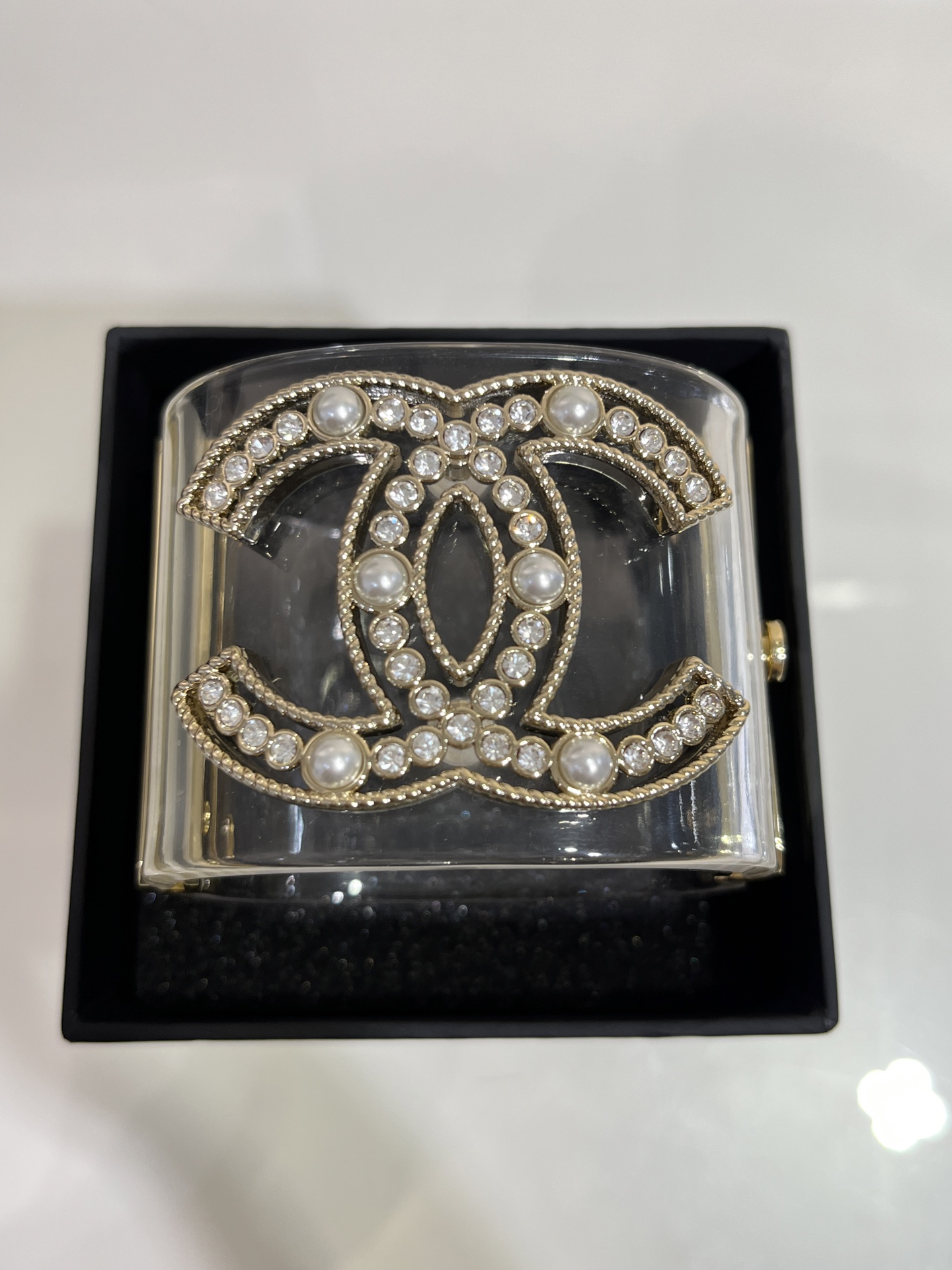 Chanel Pearl & Rhinestone Double C Transparent Resin Cuff Bracelet