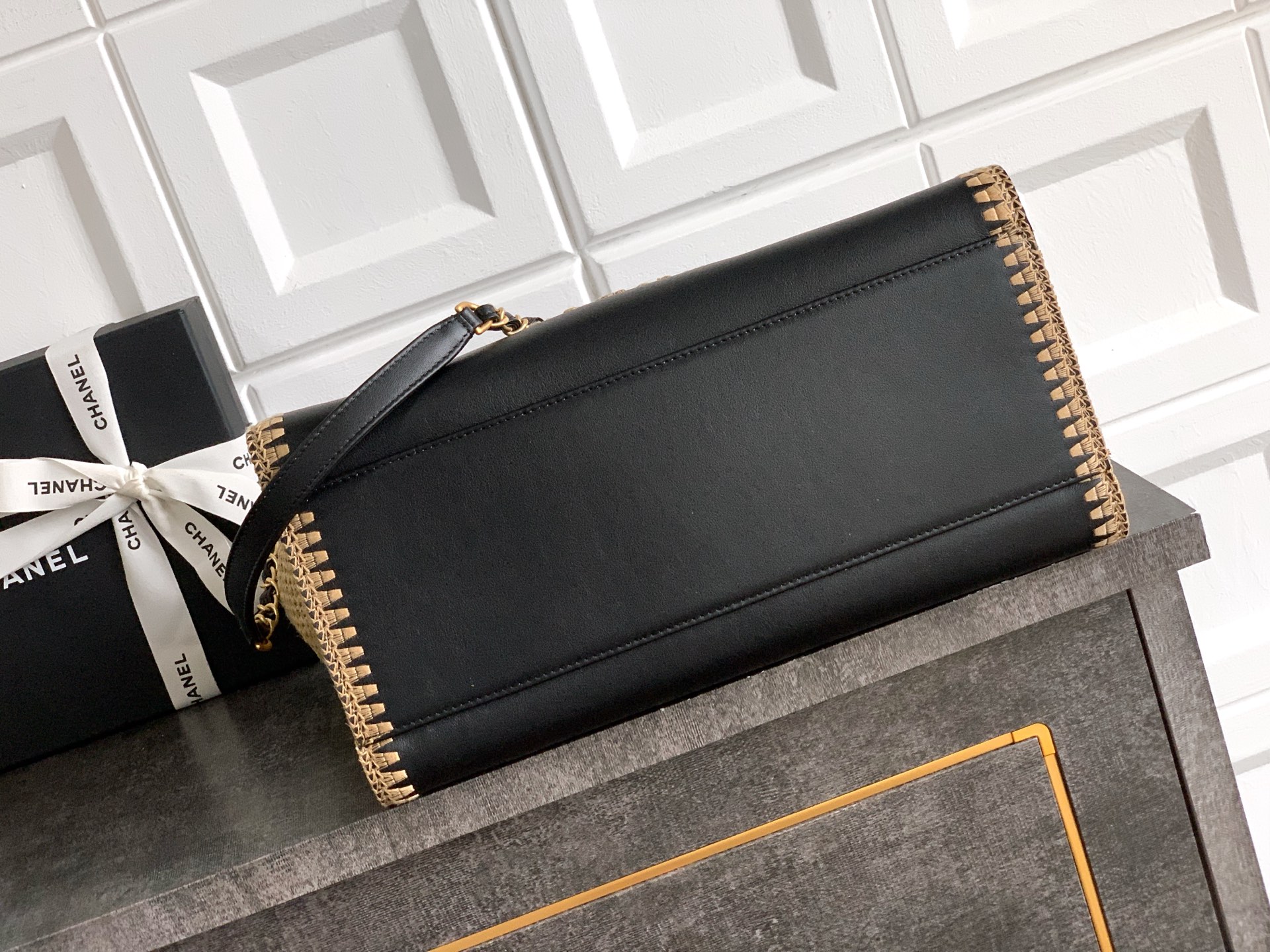 Chanel Calfskin Knit Medium Deauville Tote Black Grey