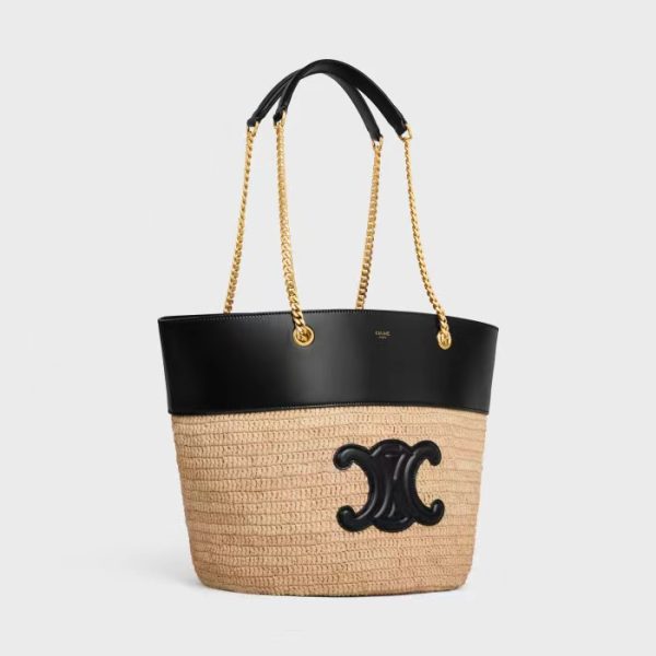 CHAIN BUCKET CELINE CLASSIC PANIER IN RAFFIA AND CALFSKIN NATURAL / BLACK
