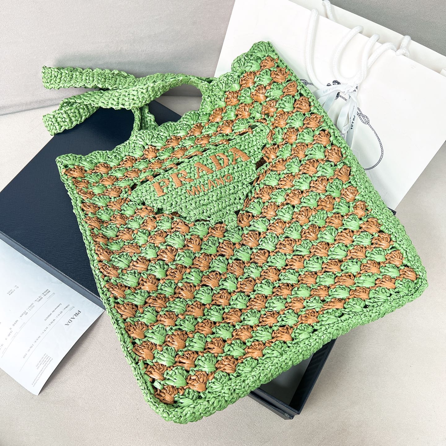 Prada Crochet tote bag-Lawn Green/Caramel
