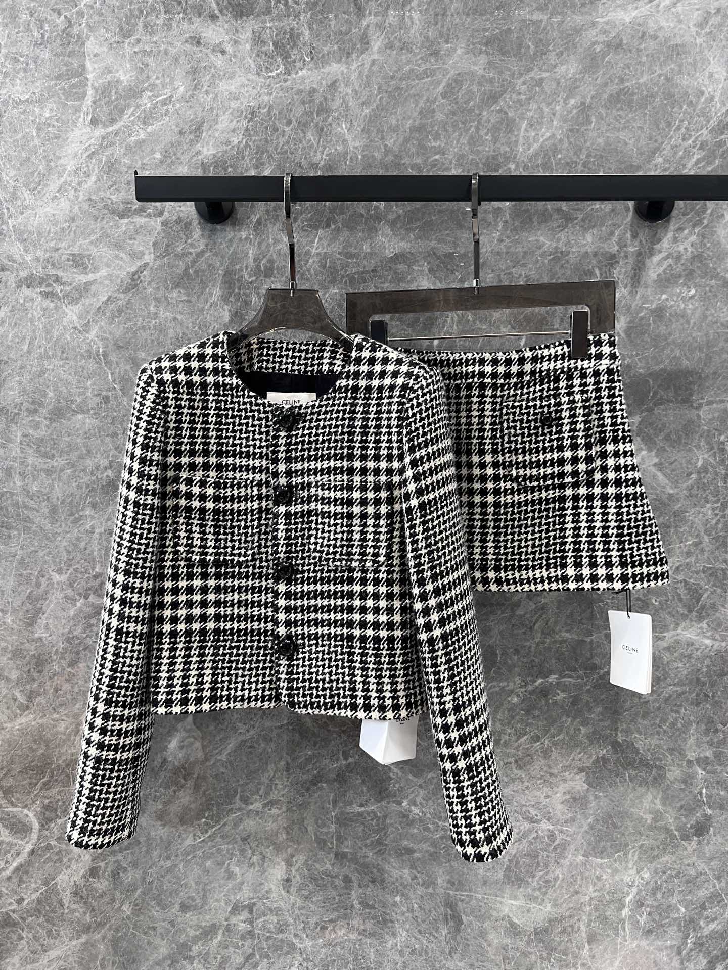 Celin Houndstooth Short Jacket + Skirt Set