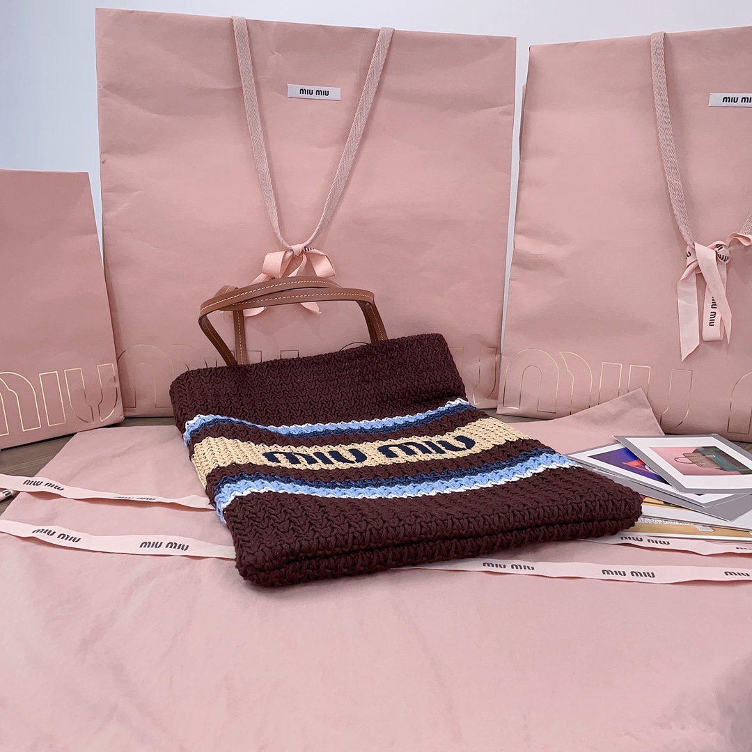 MiuMiu-Raffia-effect woven tote bag -Cocoa Brown