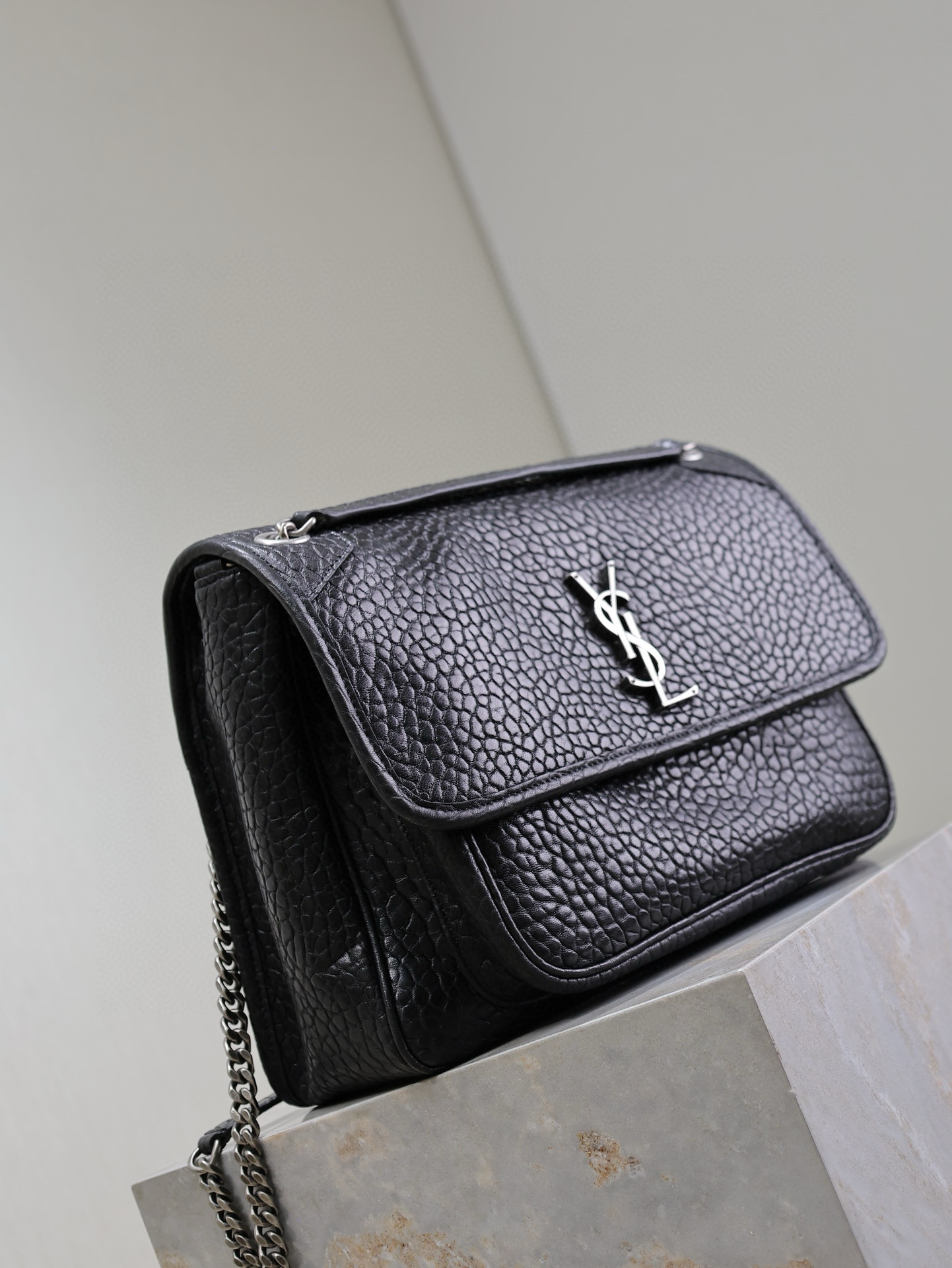 Saint Laurent Large Black Elephant-Grain Niki Bag