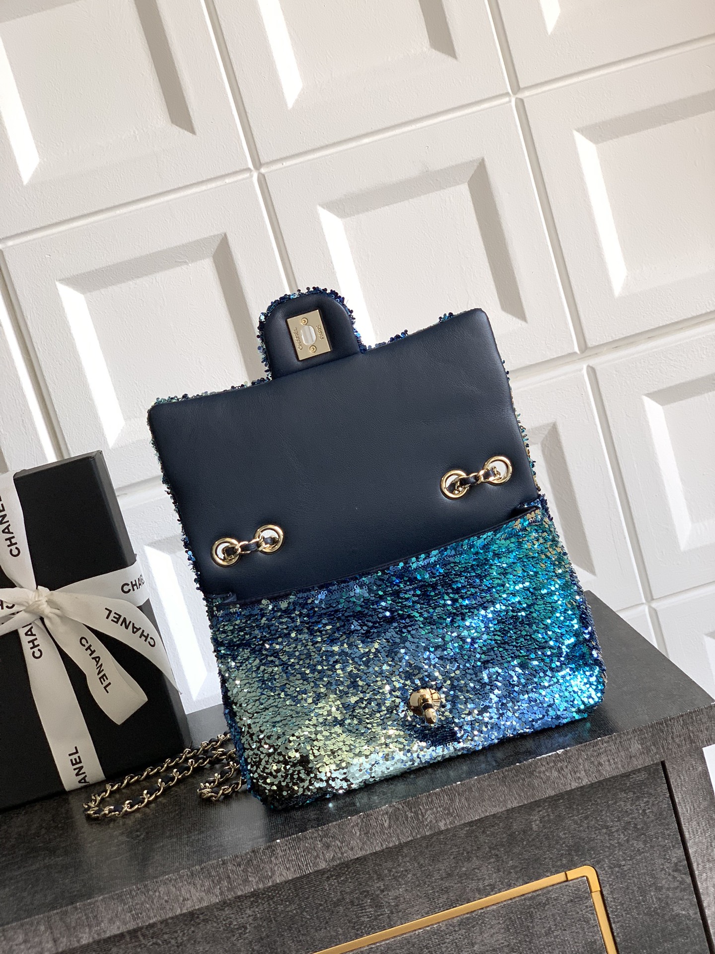 Chanel Shaded Sequins Mini Flap Light Green Dark Brown White Blue