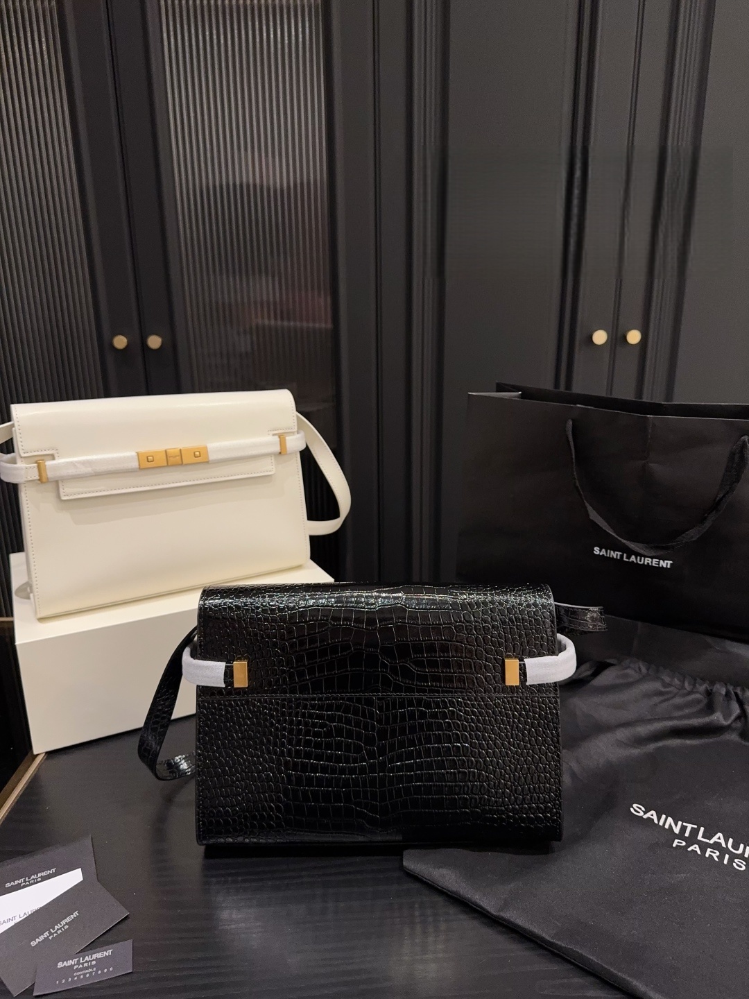 YSL Saint Laurent Manhattan Crocodile-Embossed Baguette Bag