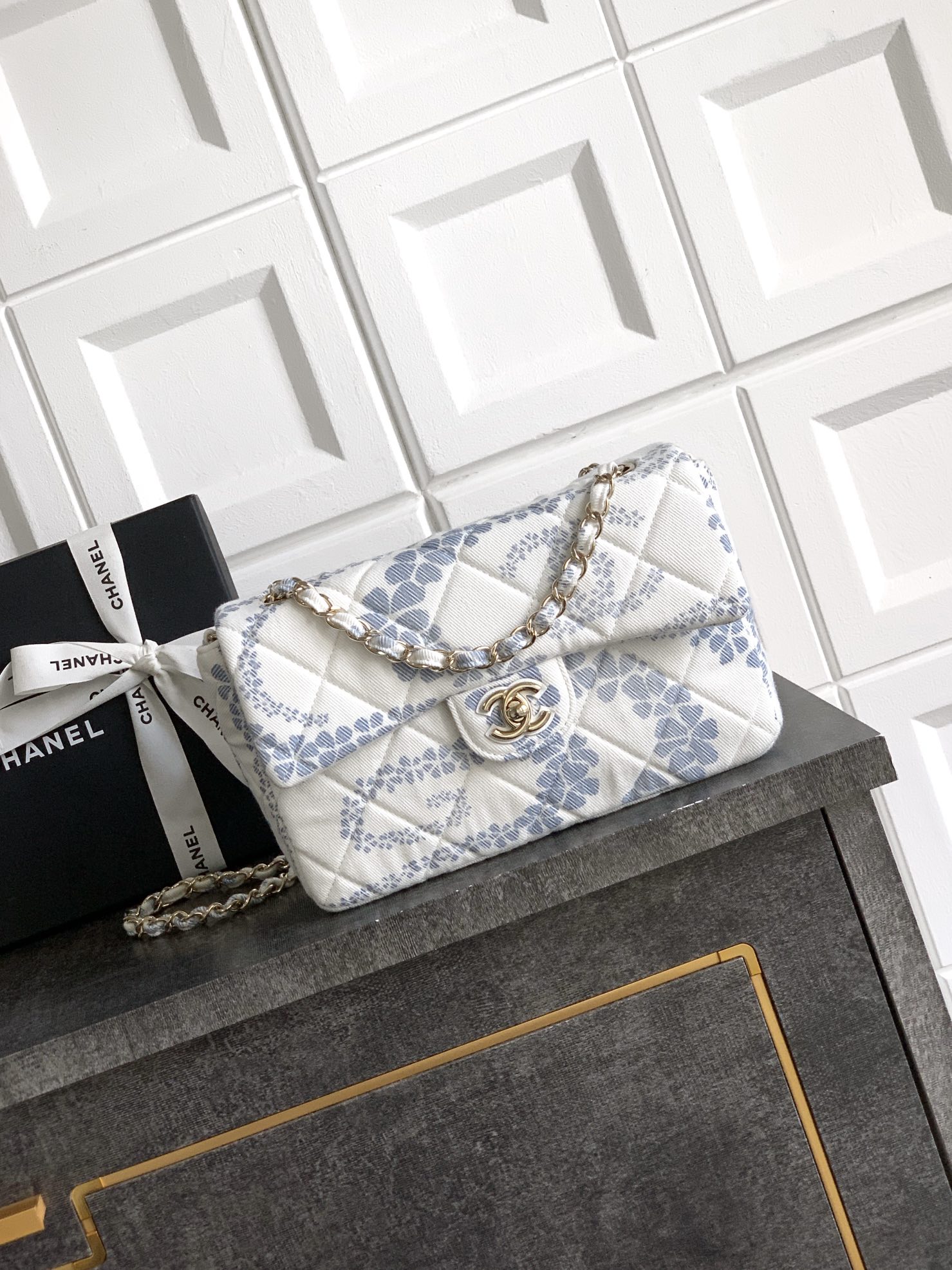 Chanel Flap Bag Printed Denim & Gold-Tone Metal White & Blue