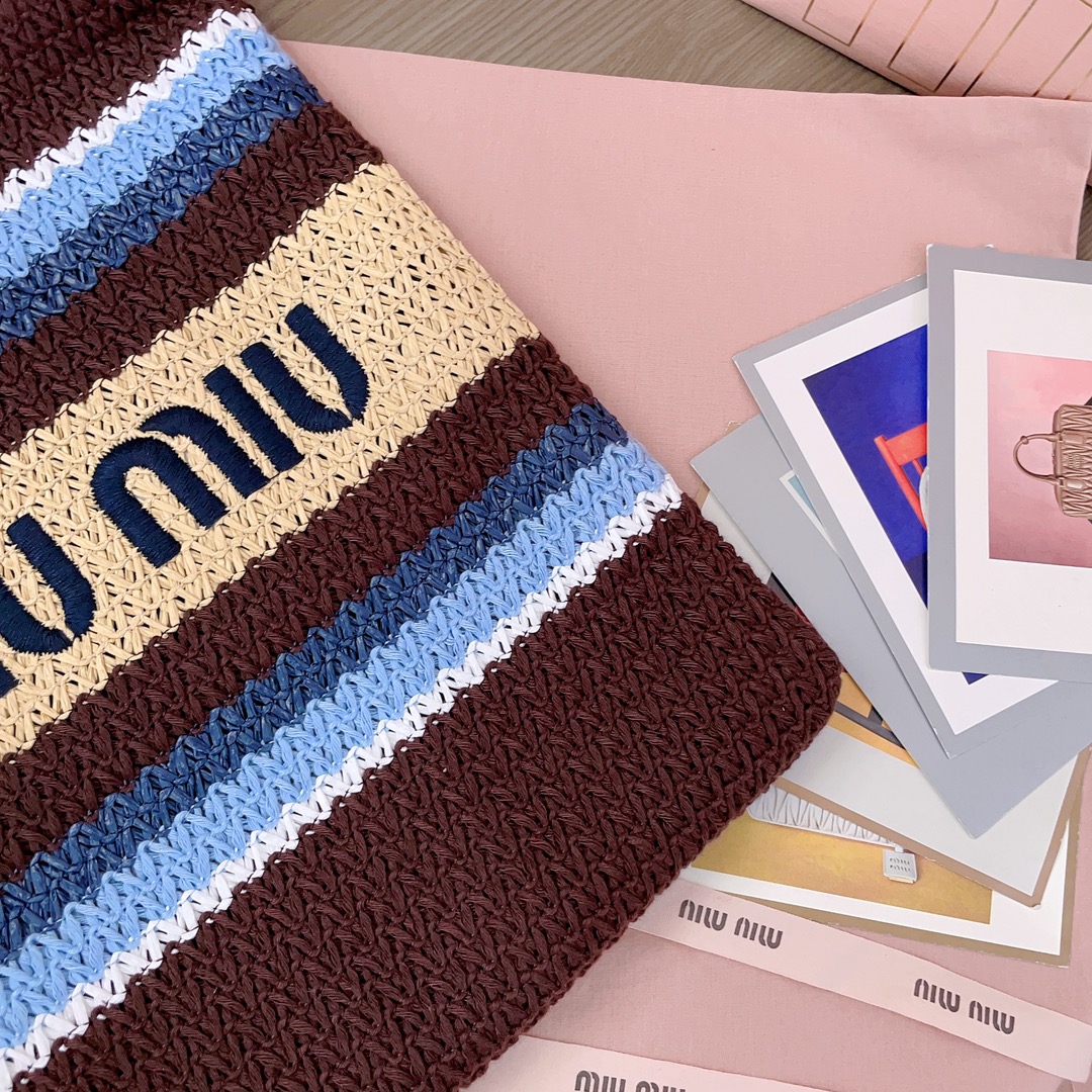 MiuMiu-Raffia-effect woven tote bag -Cocoa Brown