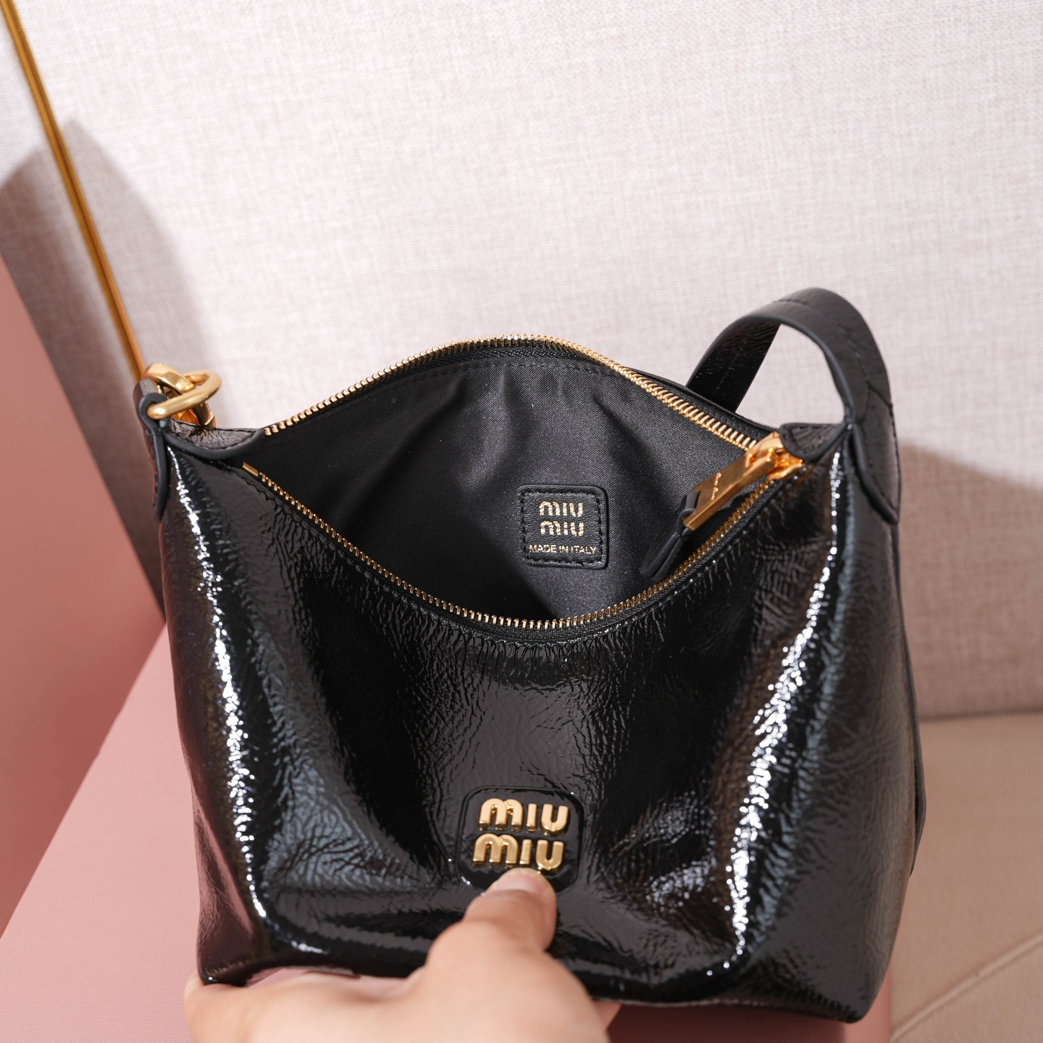 Miu Miu Glossy Crackle-Texture Lunch Tote