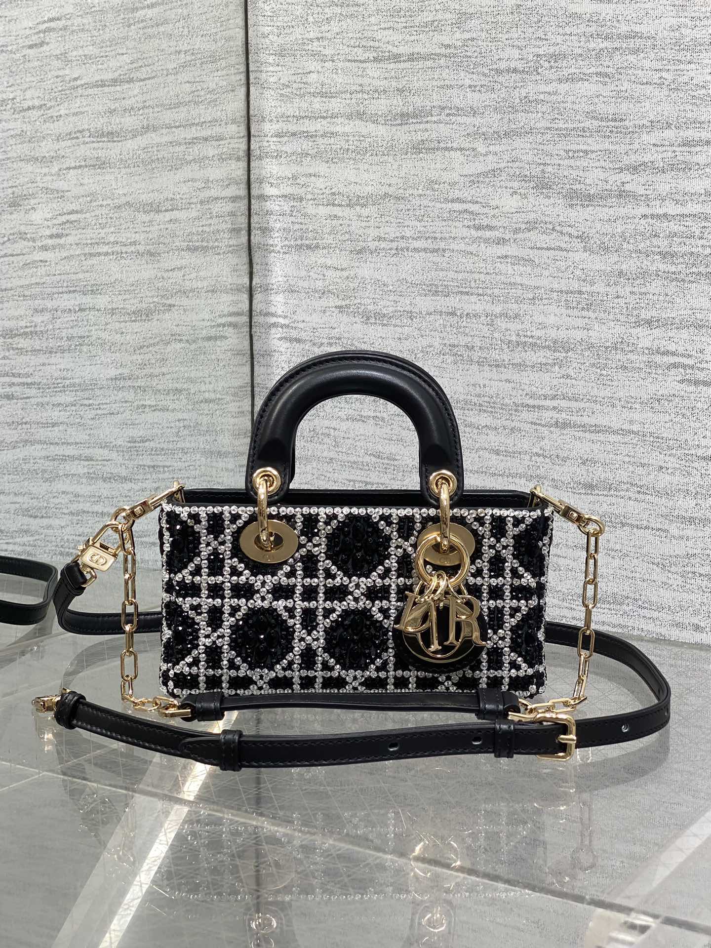 Lady D-Joy Micro Bag Cannage Embroidery with Black Beads and Silver-Tone Strass