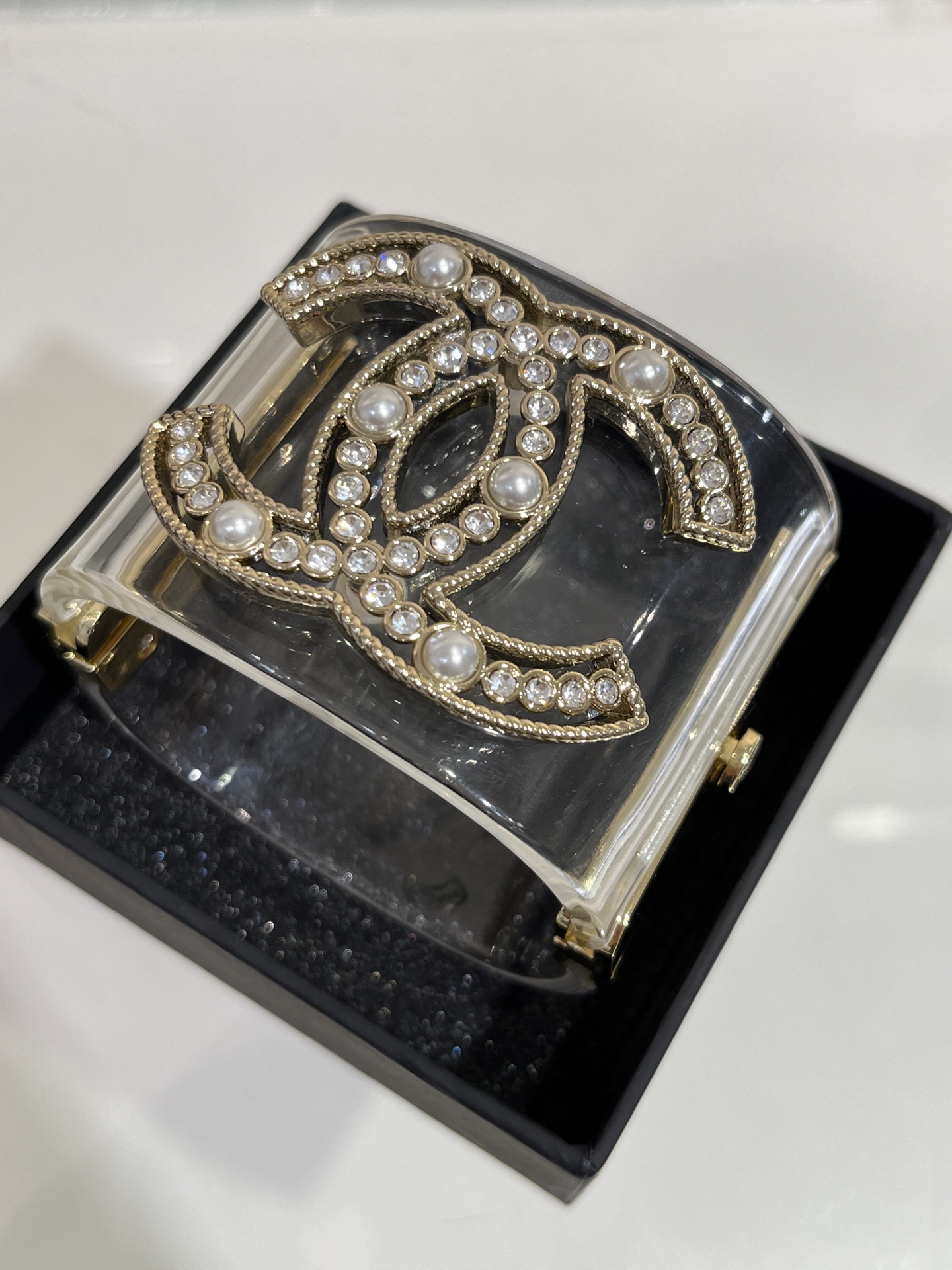 Chanel Pearl & Rhinestone Double C Transparent Resin Cuff Bracelet