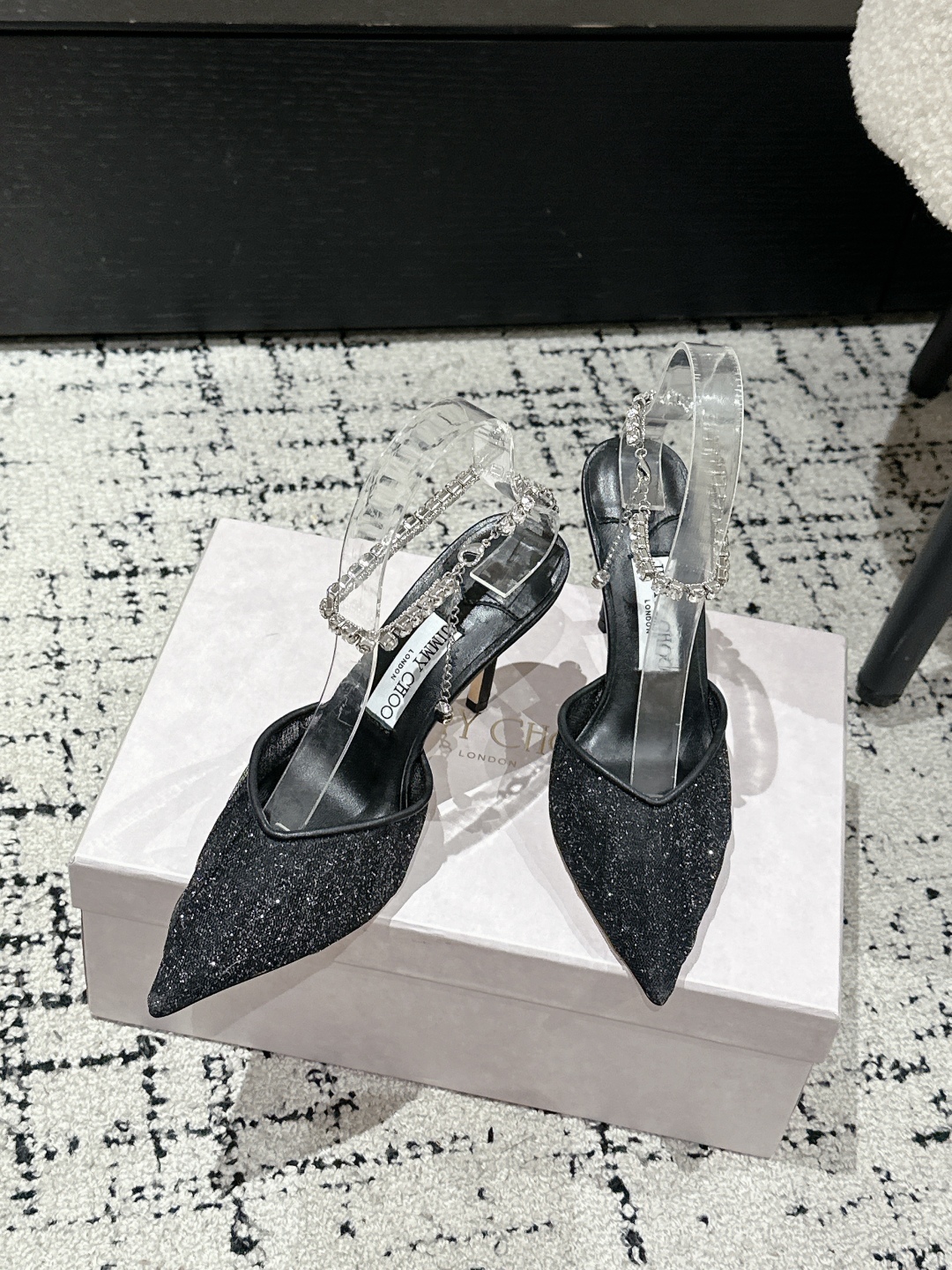 Jimmy Choo Premium Crystal Chain Lace Mesh Pumps