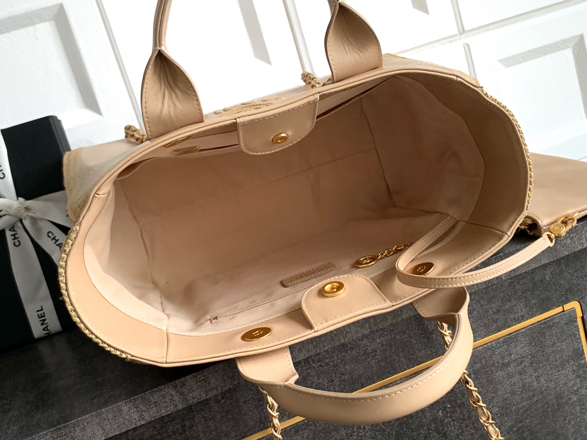 Chanel Calfskin Knit Medium Deauville Tote Beige