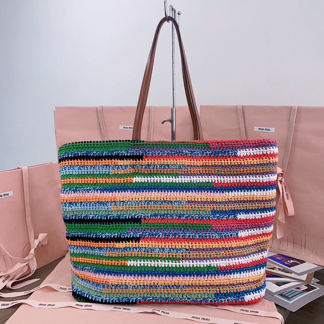 MiuMiu Raffia-effect woven tote bag