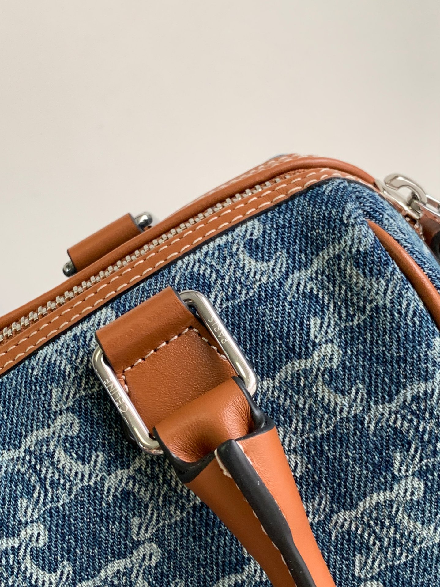 CELINE-CUIR TRIOMPHE Denim & Calfskin Boston Bag