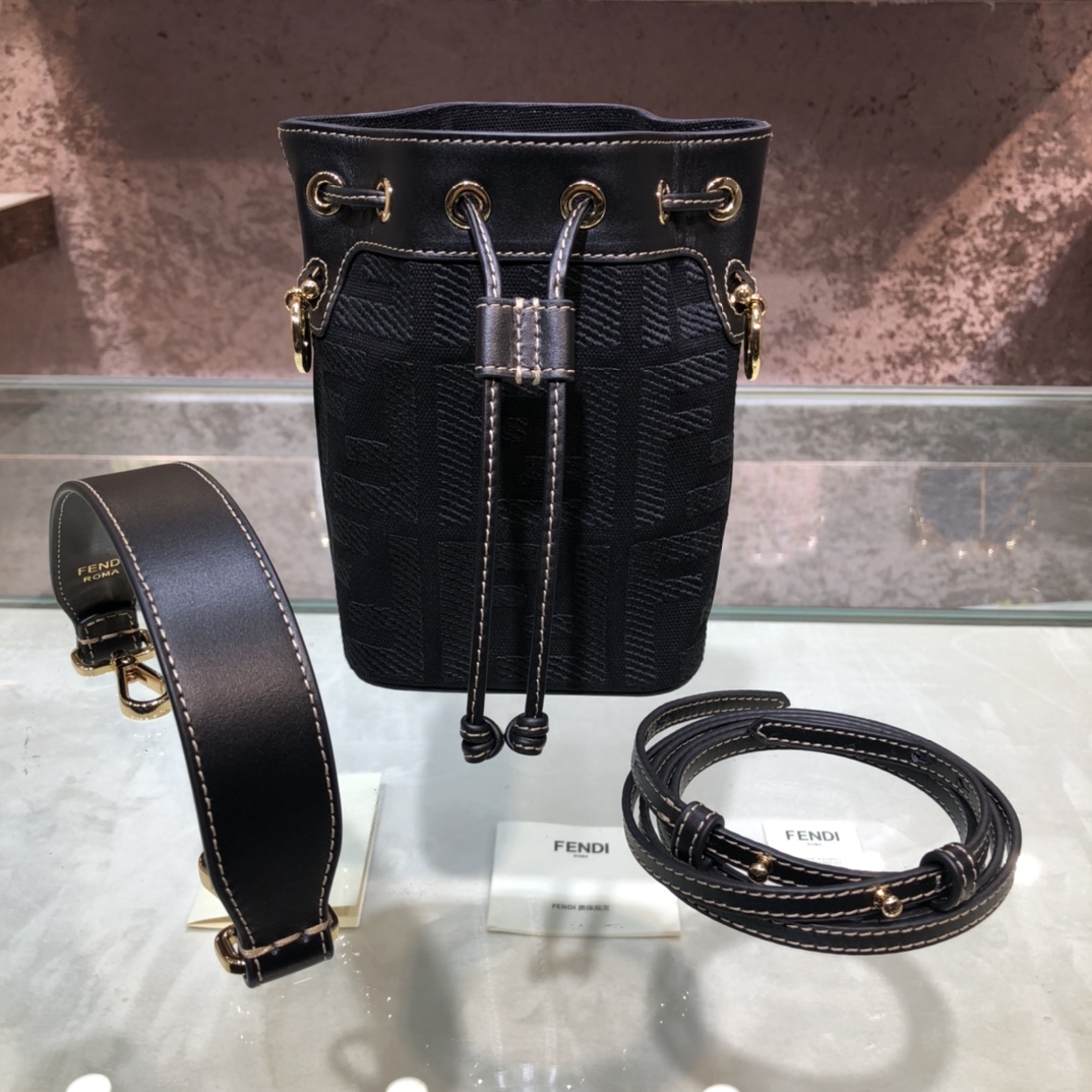 FENDI-Black Denim FF Logo Embroidered Bucket Bag