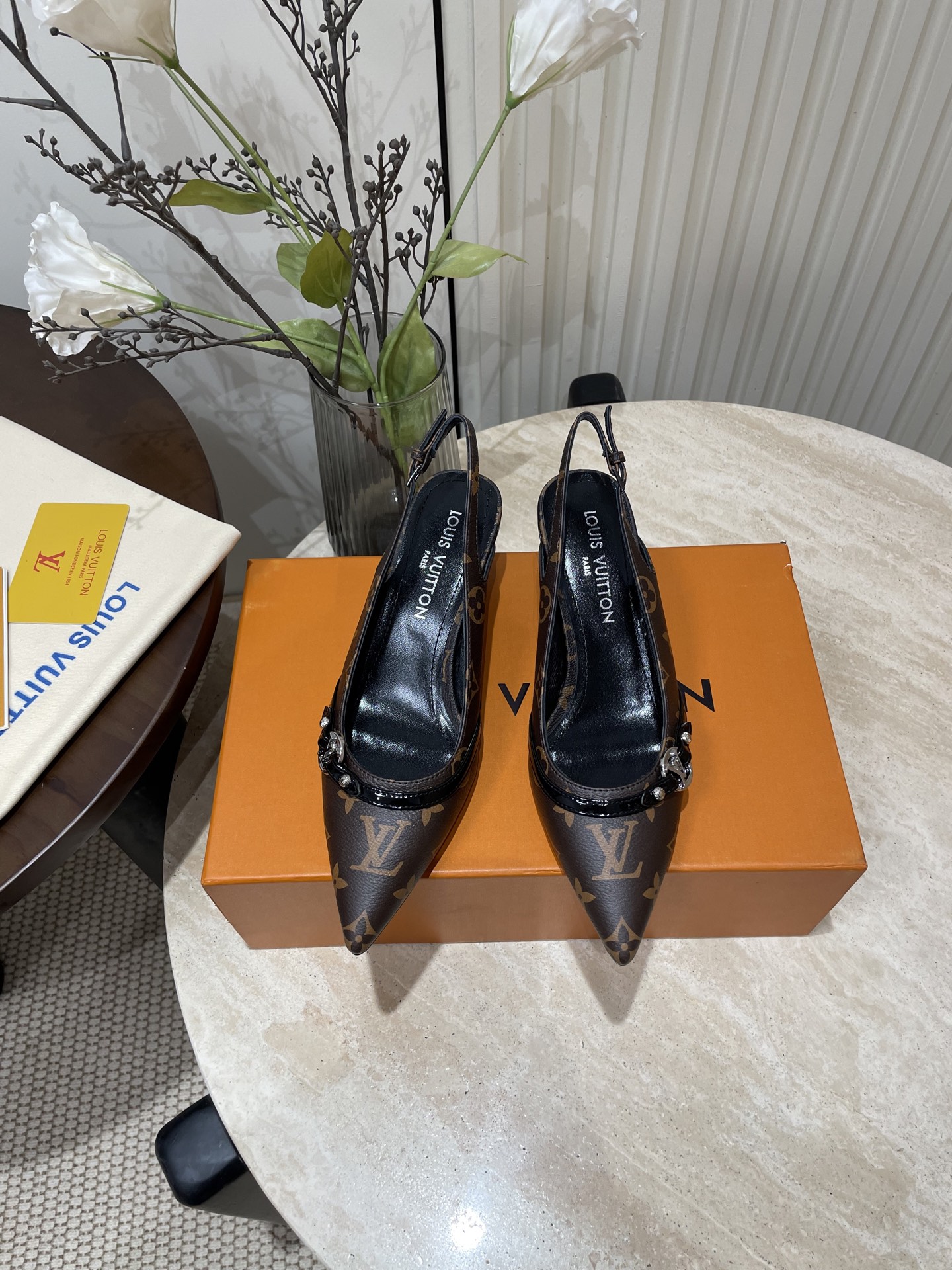 L V Pointed-Toe Slingback Heeled Sandals