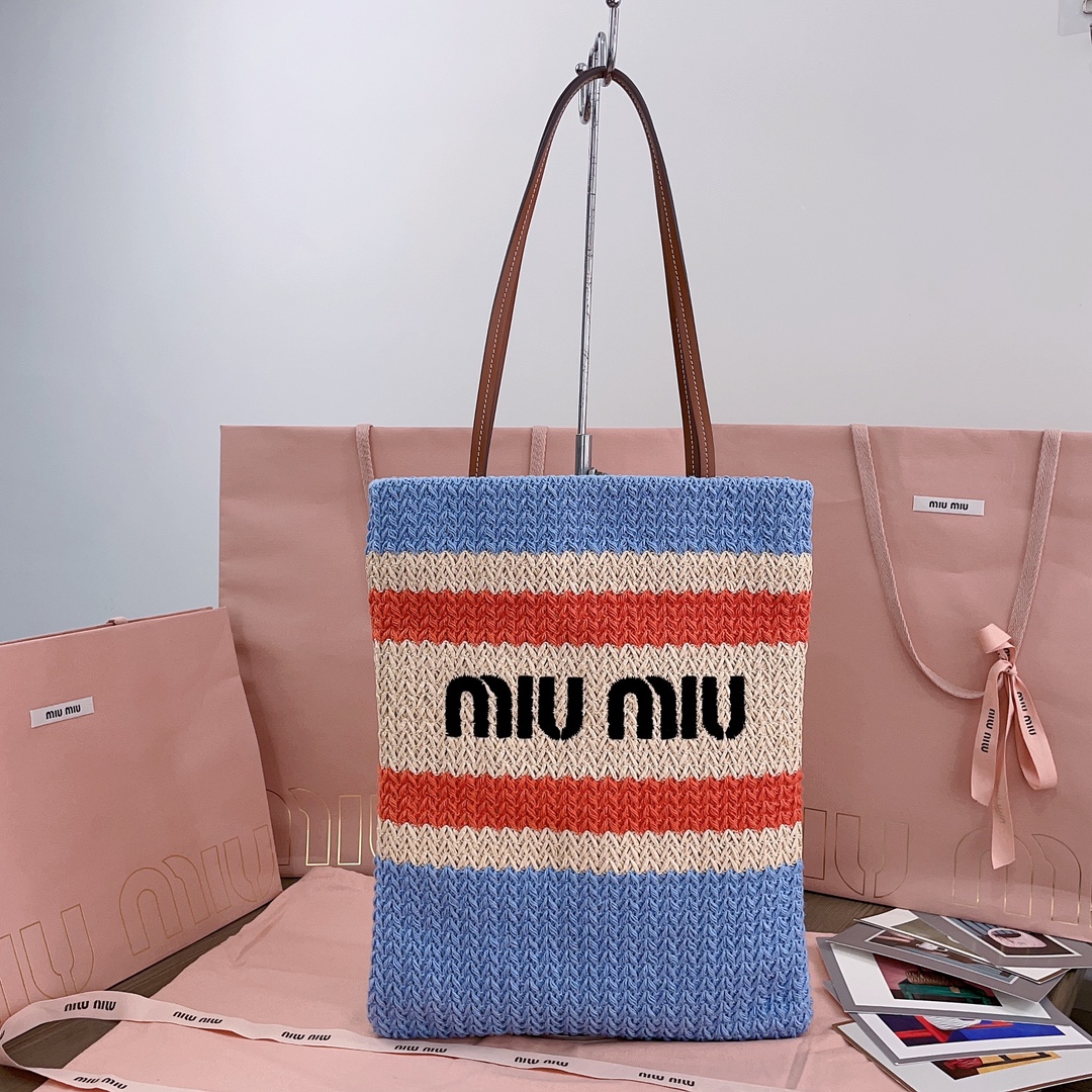 Miu Miu-Raffia woven tote bag-5BG248