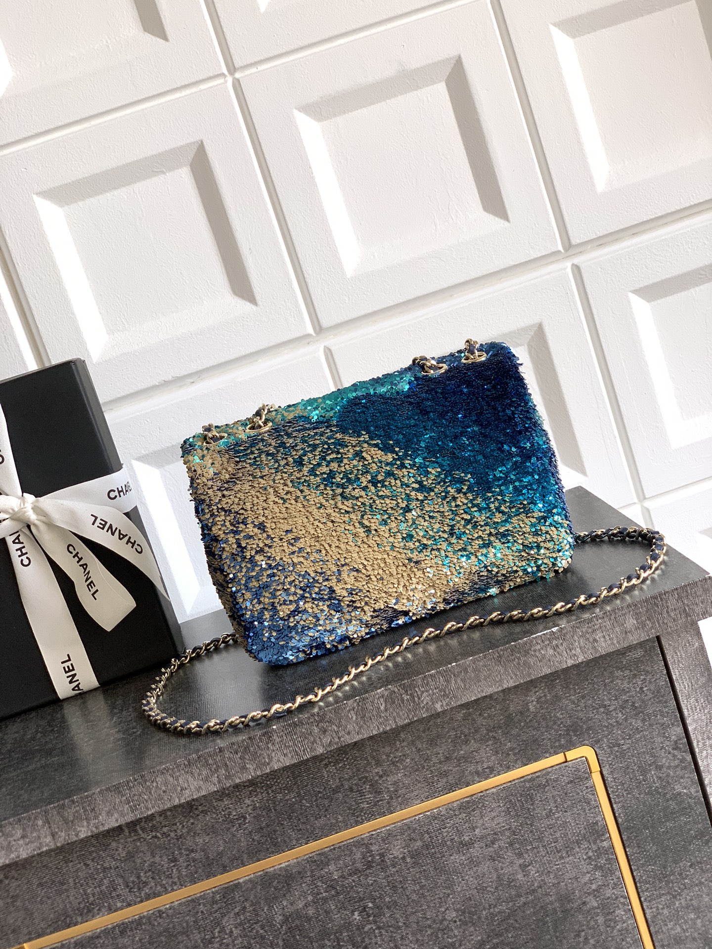 Chanel Shaded Sequins Mini Flap Light Green Dark Brown White Blue