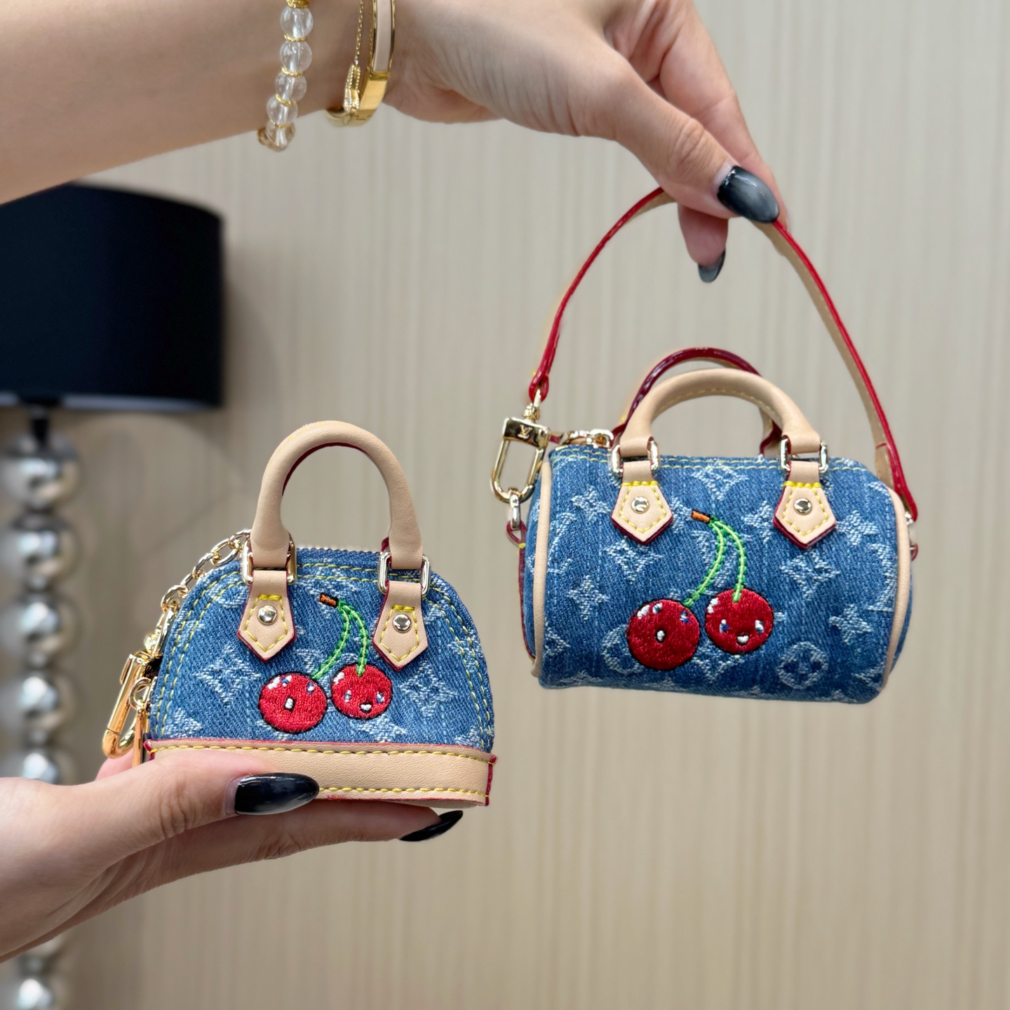 M02535 LV x TM Micro Denim Cerise Bag Charm