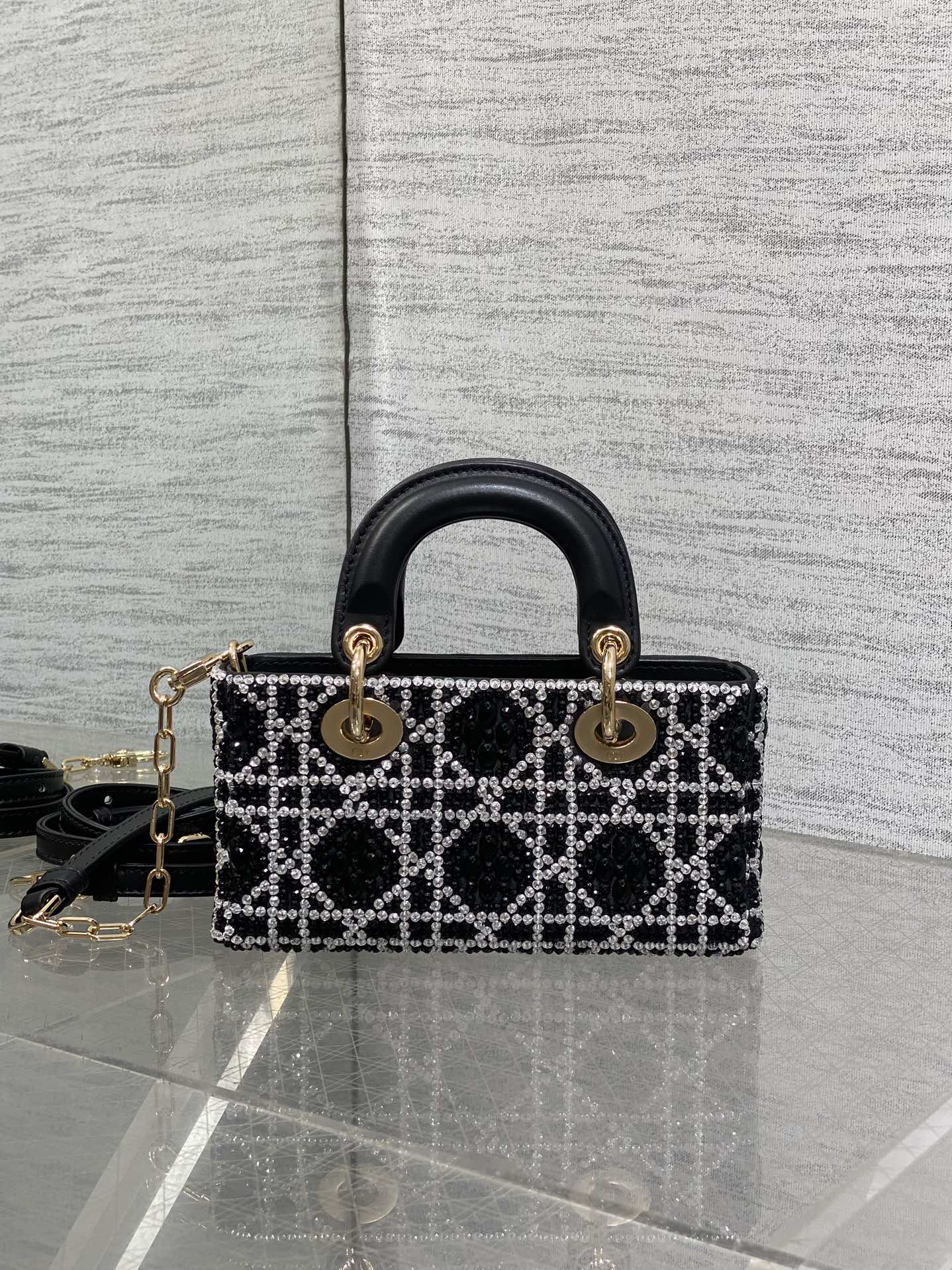 Lady D-Joy Micro Bag Cannage Embroidery with Black Beads and Silver-Tone Strass