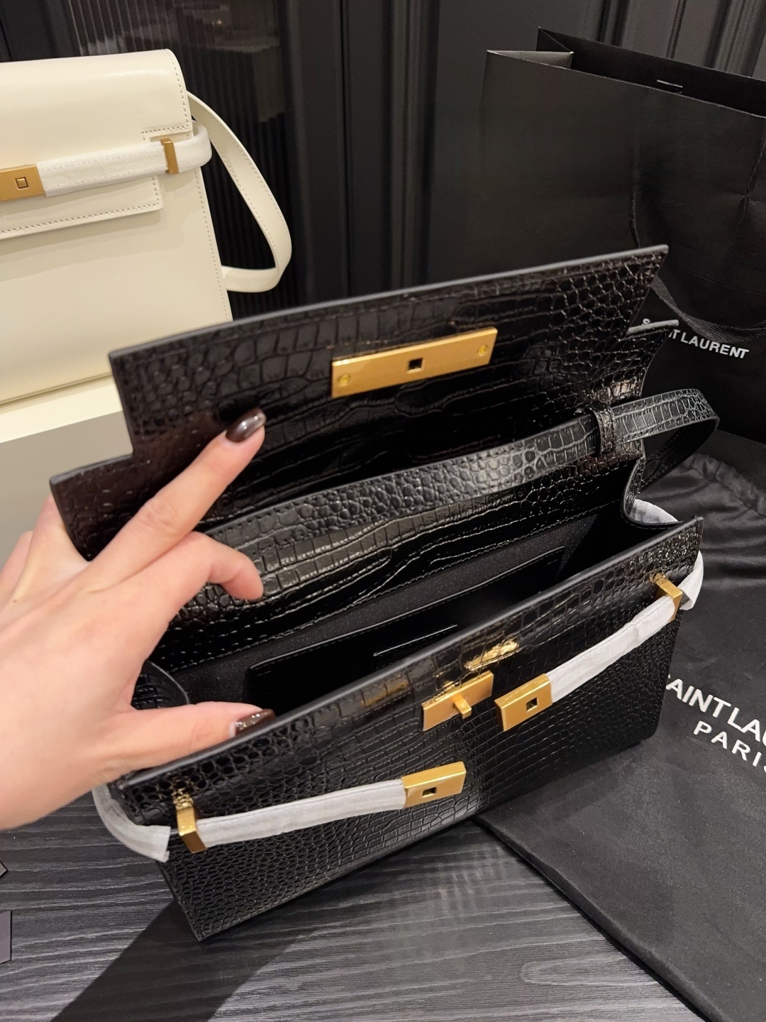 YSL Saint Laurent Manhattan Crocodile-Embossed Baguette Bag