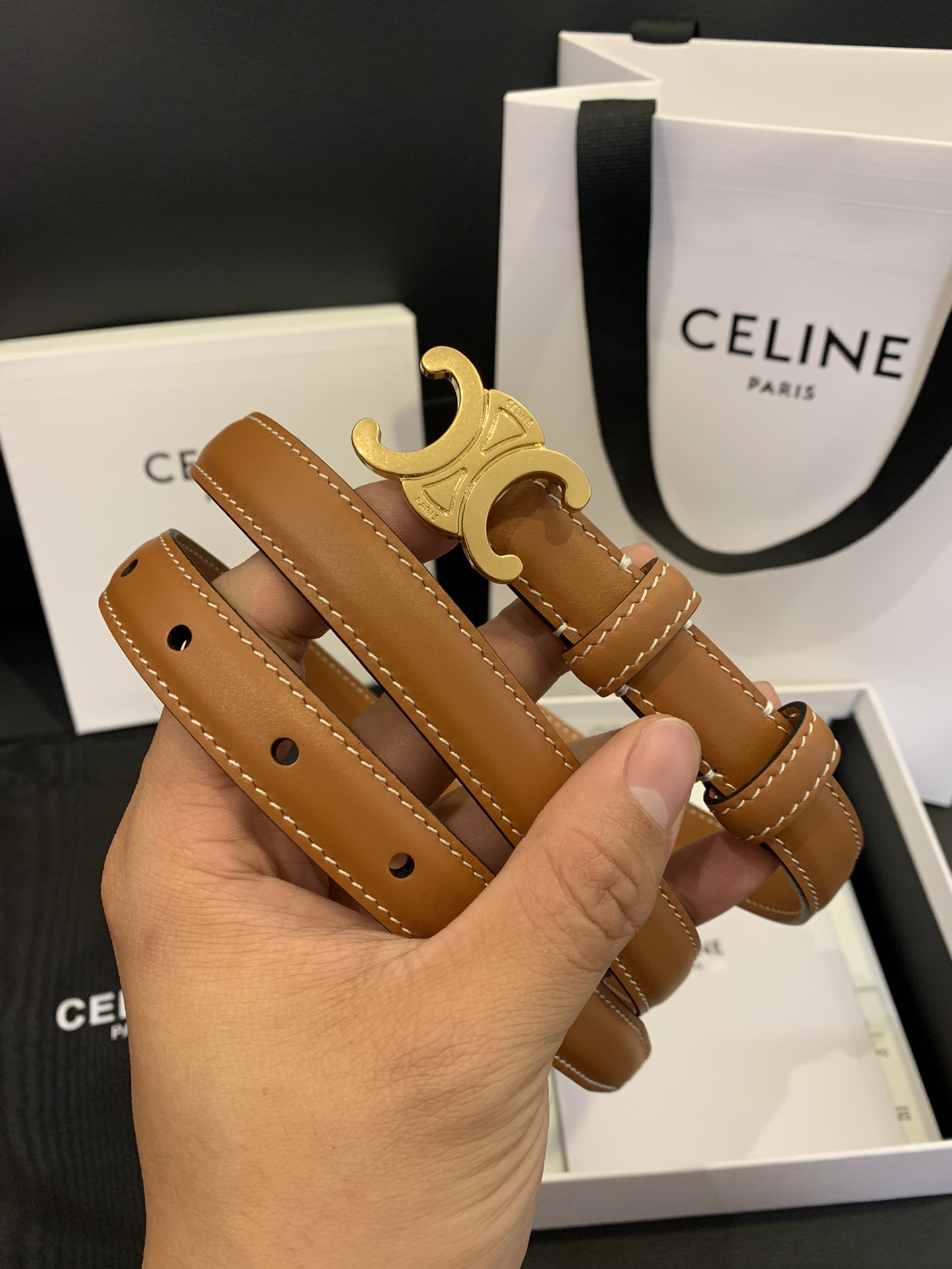 Celine-Triomphe Belt in Taurillon Leather