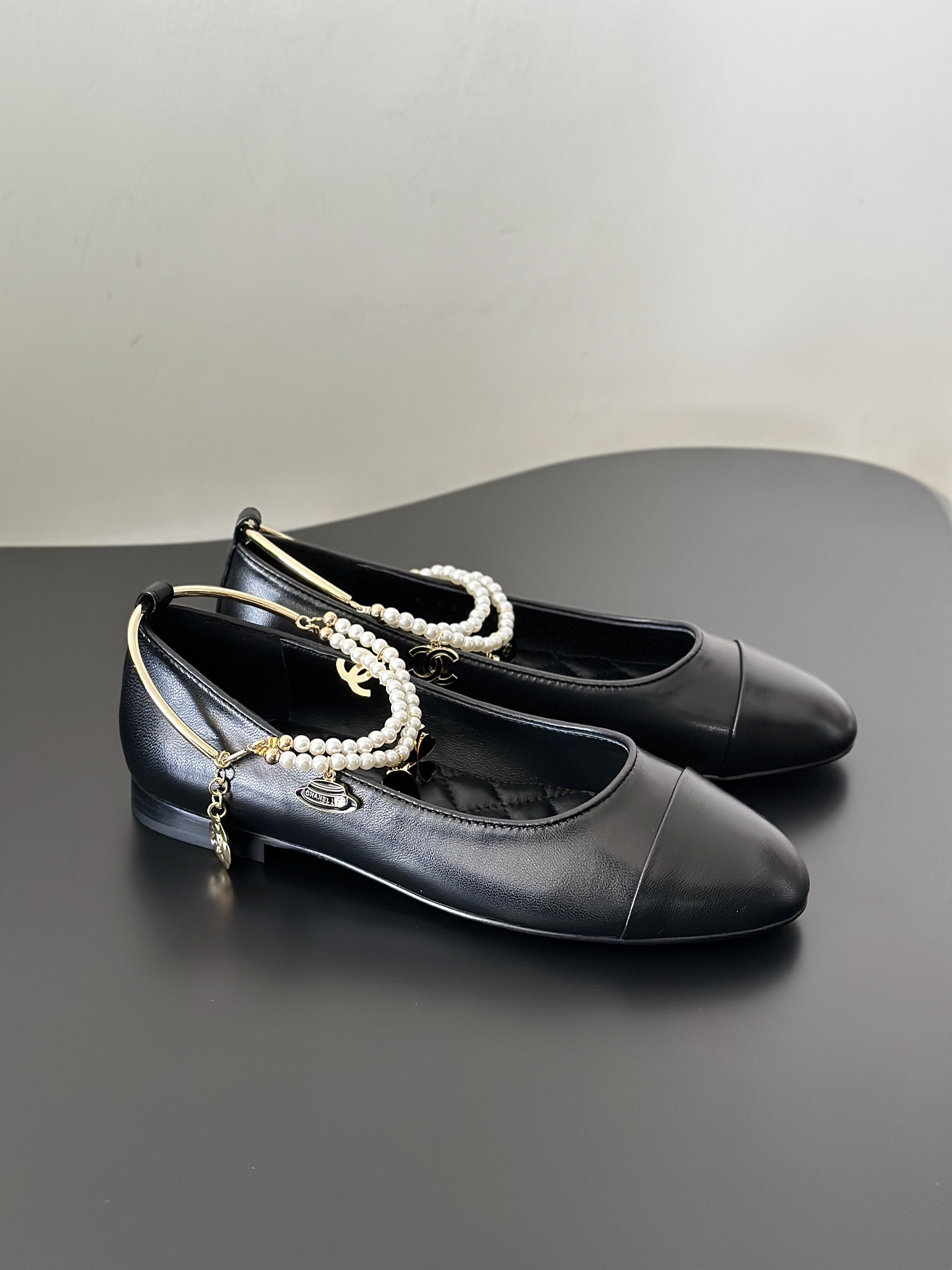 Chanel Leather Flat Black 'Pearl Embellished'