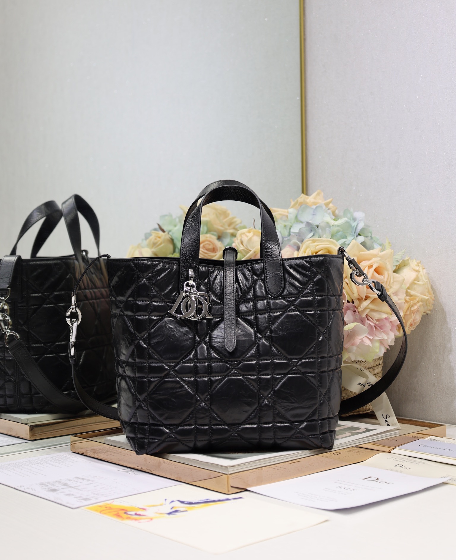 Dior Toujours Vertical Nano Tote Bag Black Macrocannage Crinkled Calfskin