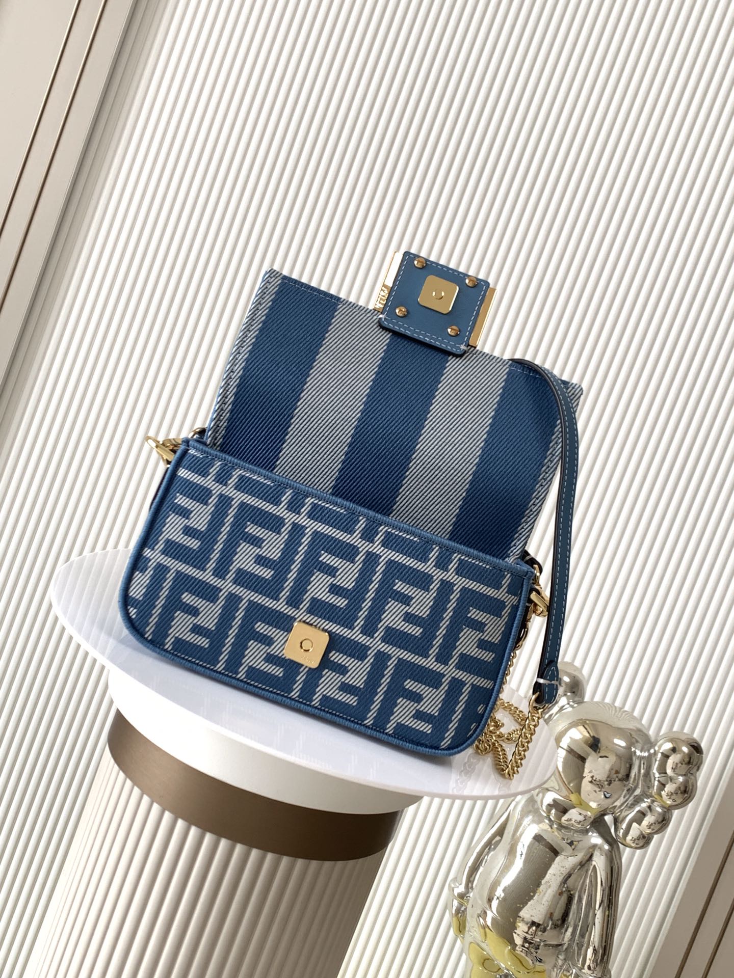 FENDI Baguette Mini Blue denim-effect FF jacquard bag