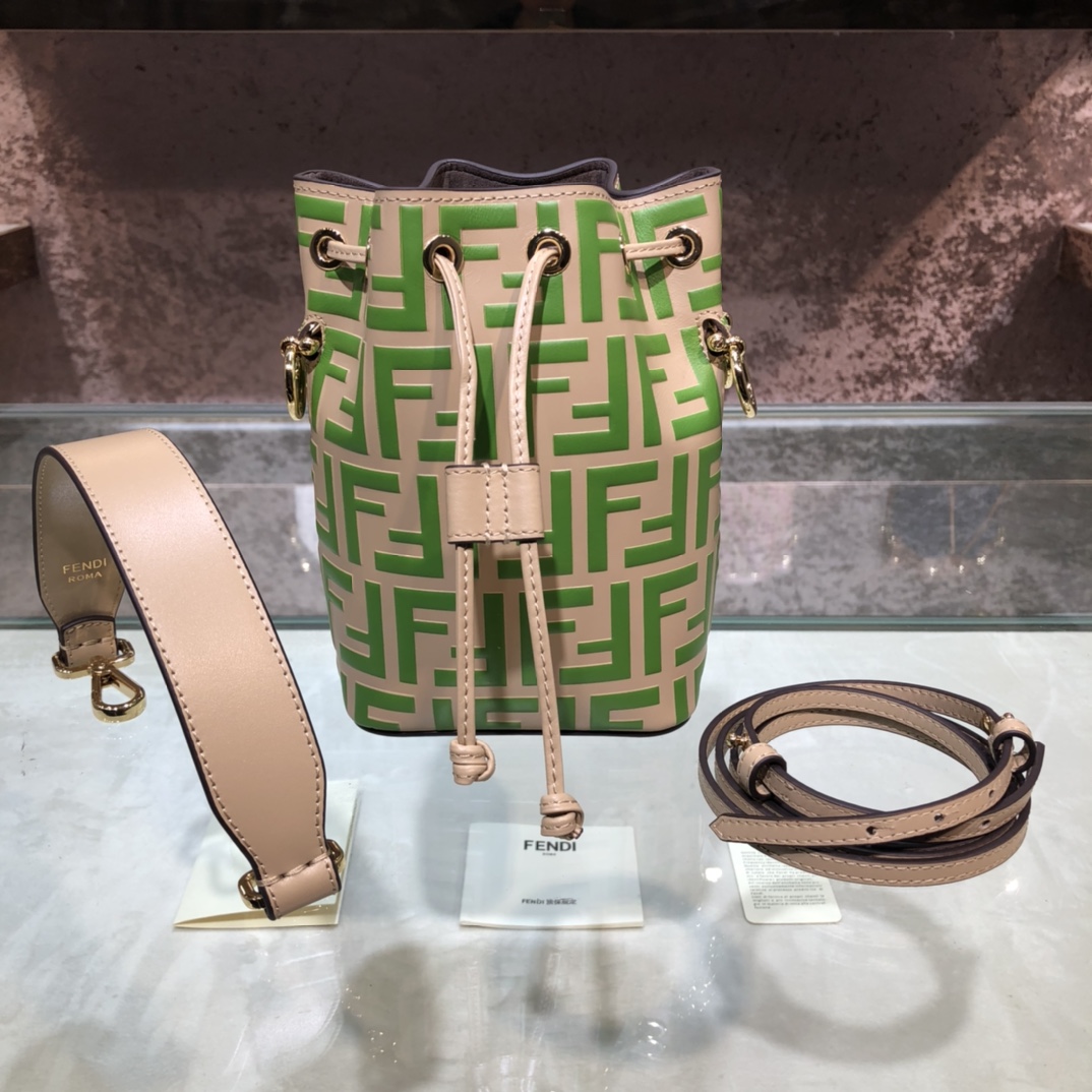 FENDI-Calfskin FF Logo Bucket Bag-Beige