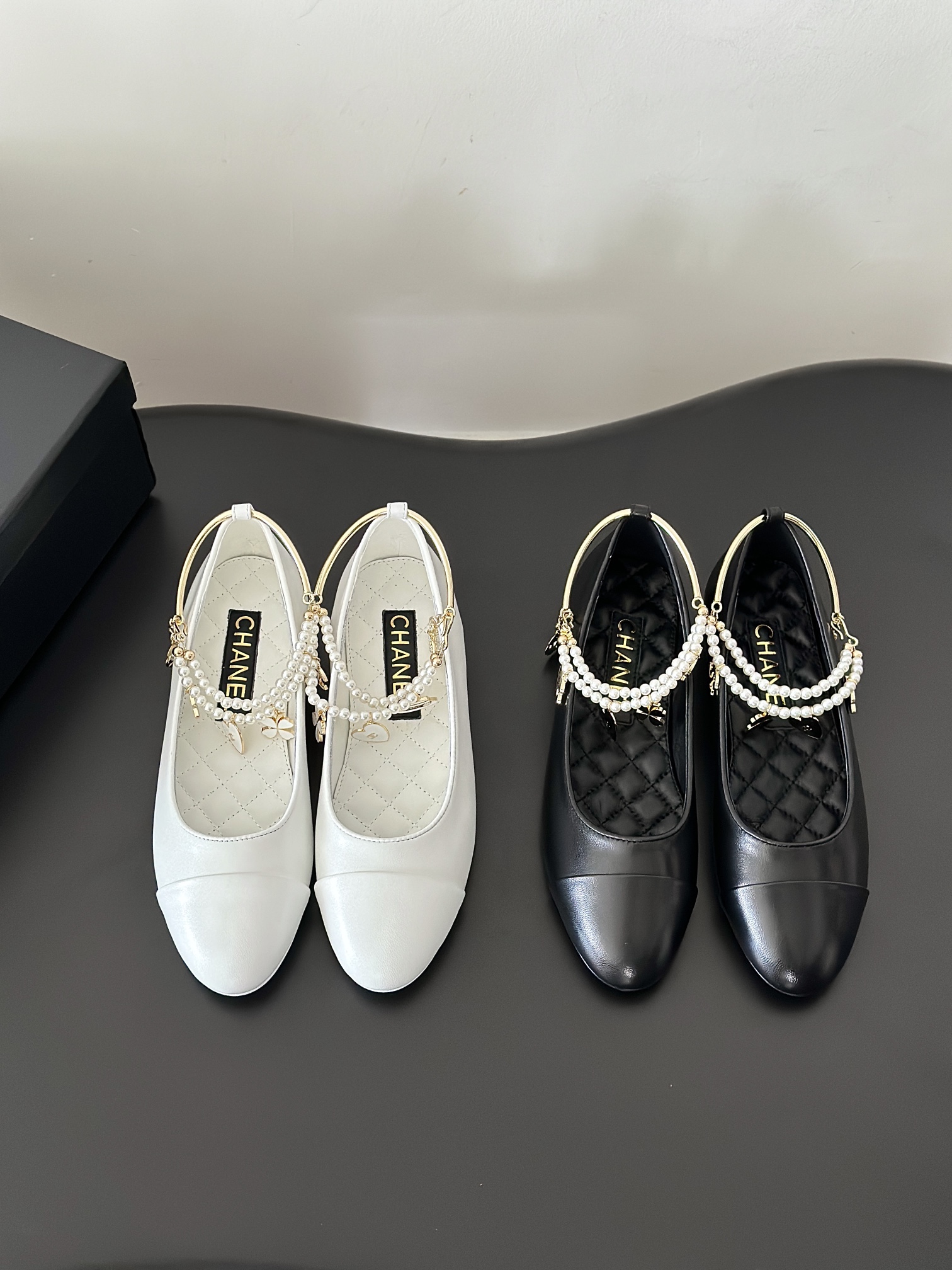 Chanel Leather Flat Black 'Pearl Embellished'