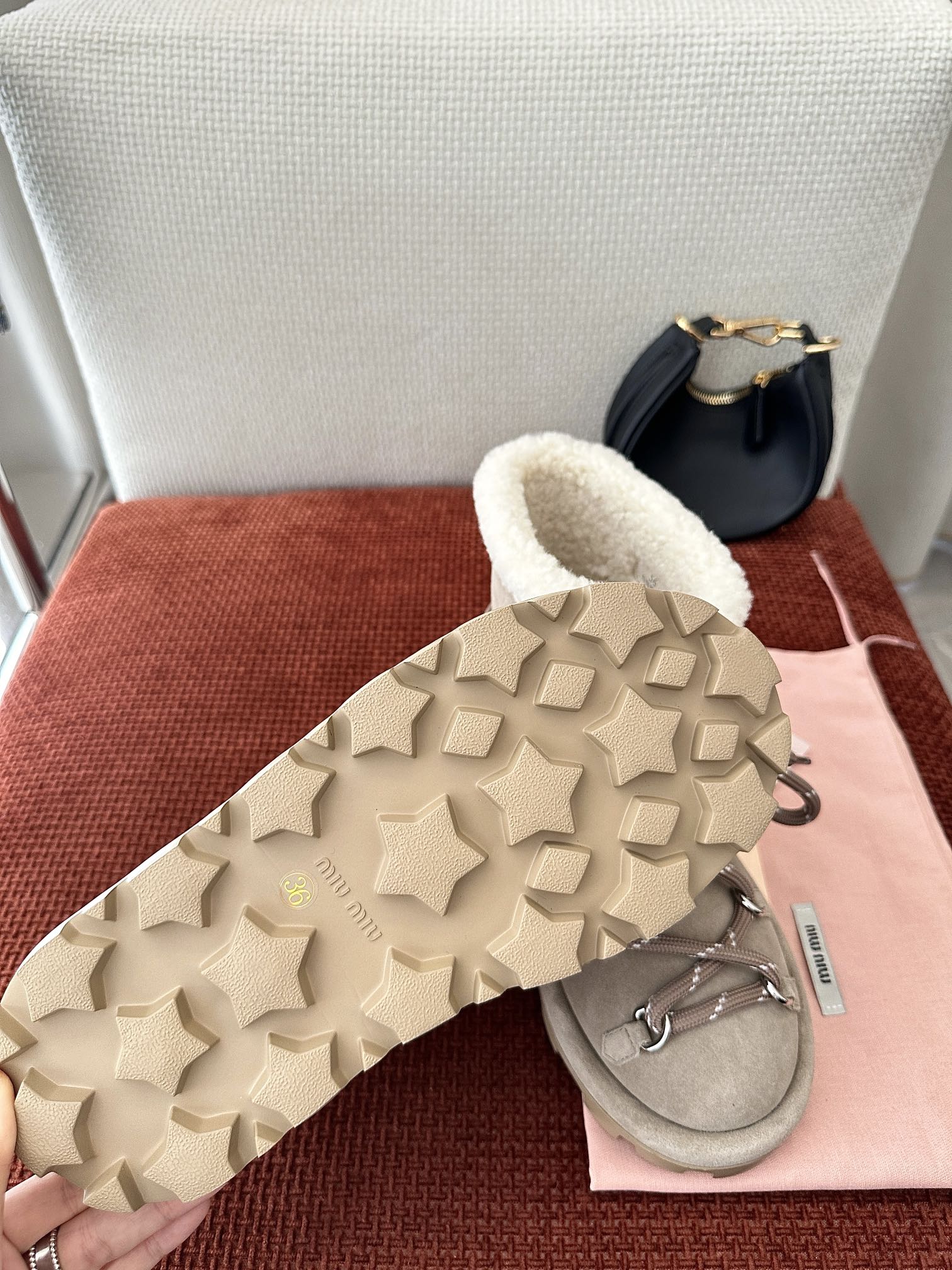 🍓 MIU MIU 24 New Lace-Up Wool Snow Boots