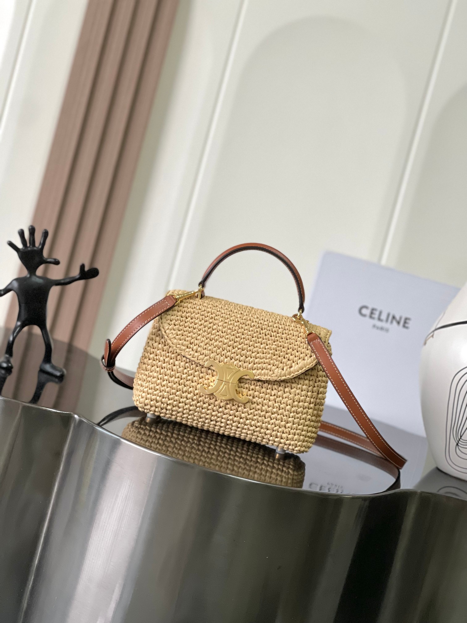 CELINE TEEN NINO BAG IN Raffia and calfskin