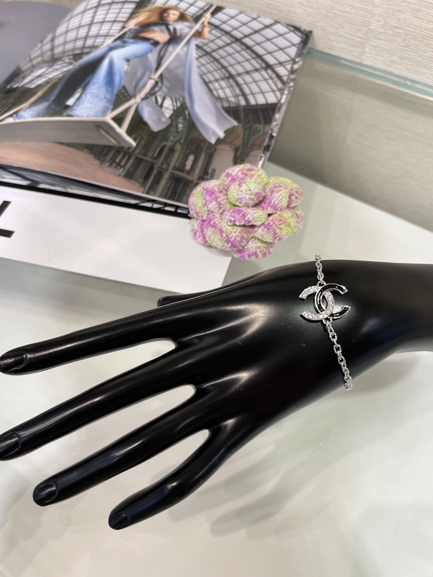 Chanel Black Enamel & Rhinestone Double C Bracelet