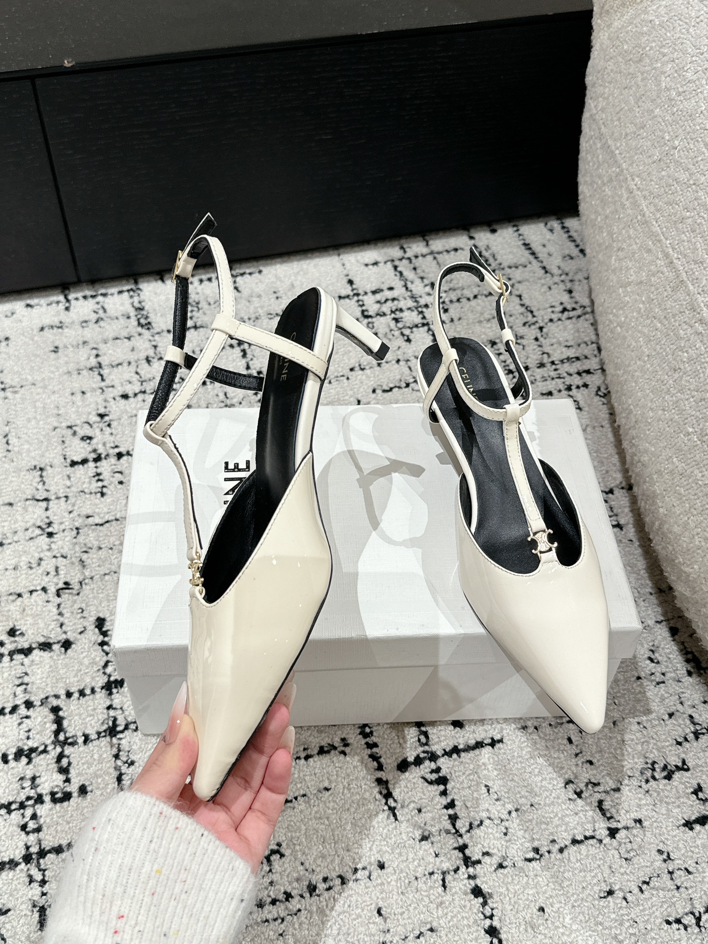 Celine Triomphe Pointed-Toe Kitten Heel Sandals