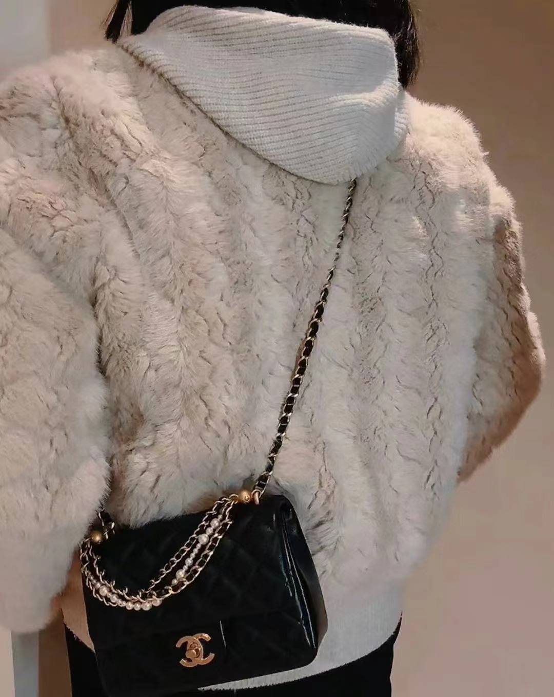 Black new pearl mini cf chain bag