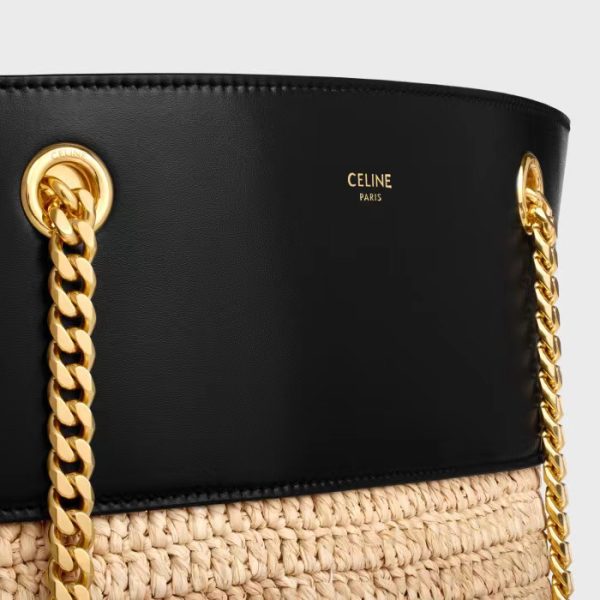 CHAIN BUCKET CELINE CLASSIC PANIER IN RAFFIA AND CALFSKIN NATURAL / BLACK