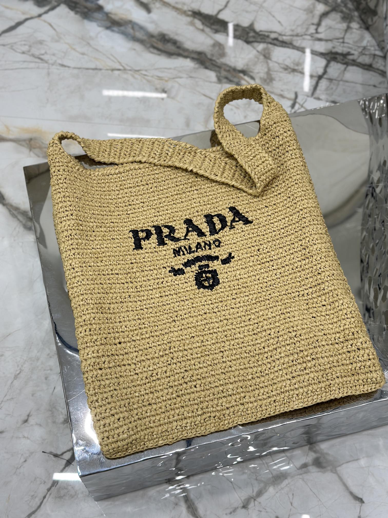 Prada Raffia Leather-Trimmed Tote