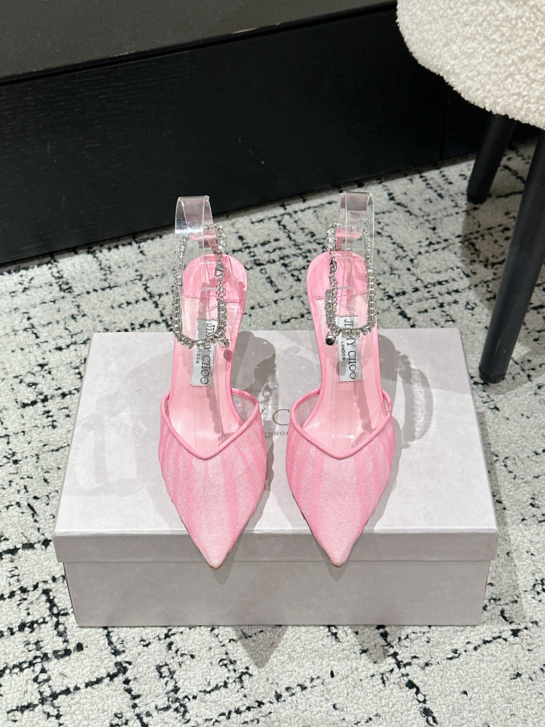 Jimmy Choo Premium Crystal Chain Lace Mesh Pumps