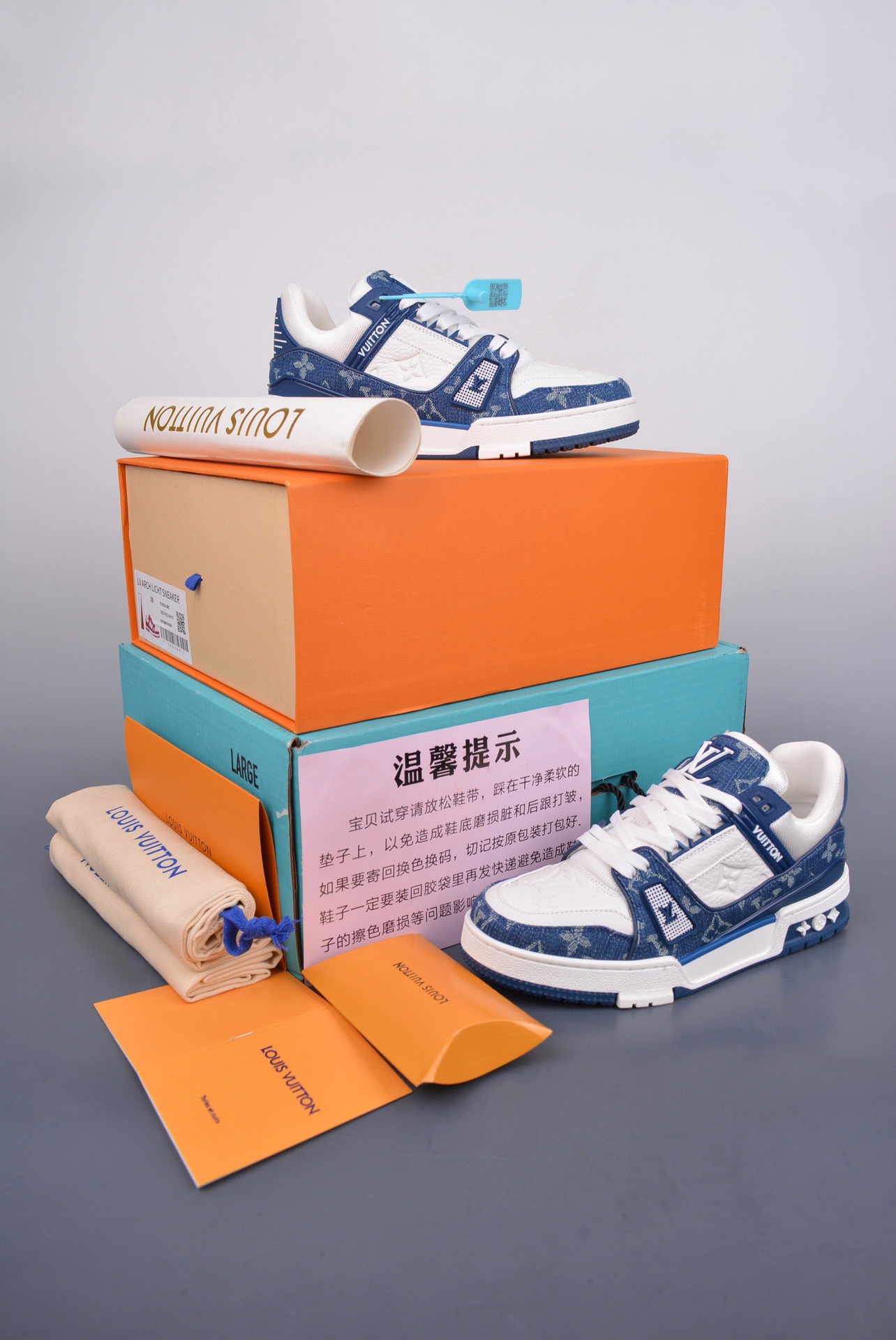 Louis Vuitton Trainer Sneaker Monogram Denim White Blue 1A9JH1