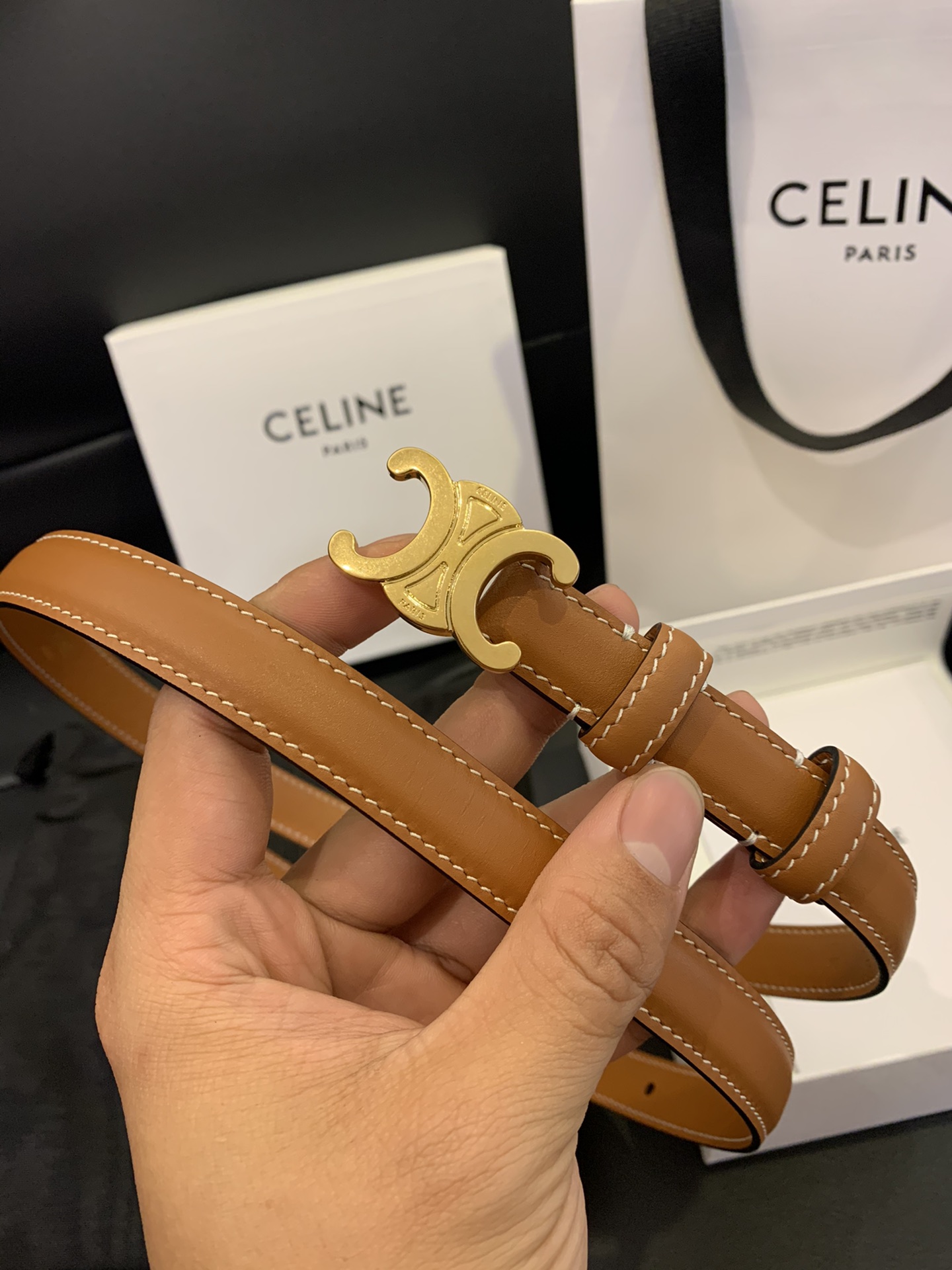 Celine-Triomphe Belt in Taurillon Leather