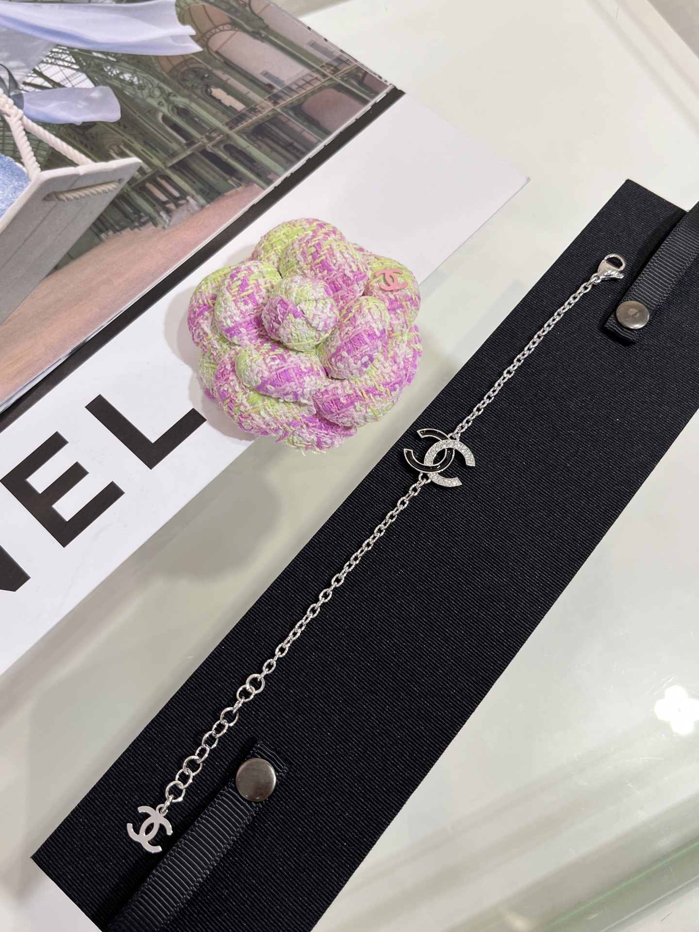 Chanel Black Enamel & Rhinestone Double C Bracelet