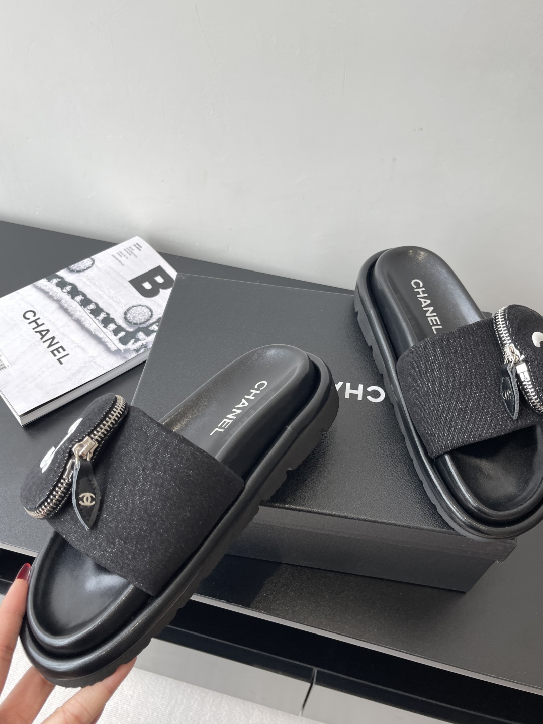 CHANEL Summer Denim Velcro Puffy Slides