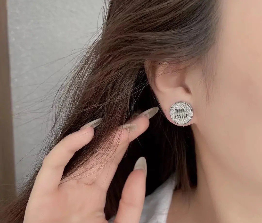 Miu Miu Full Rhinestone Round Logo Earrings