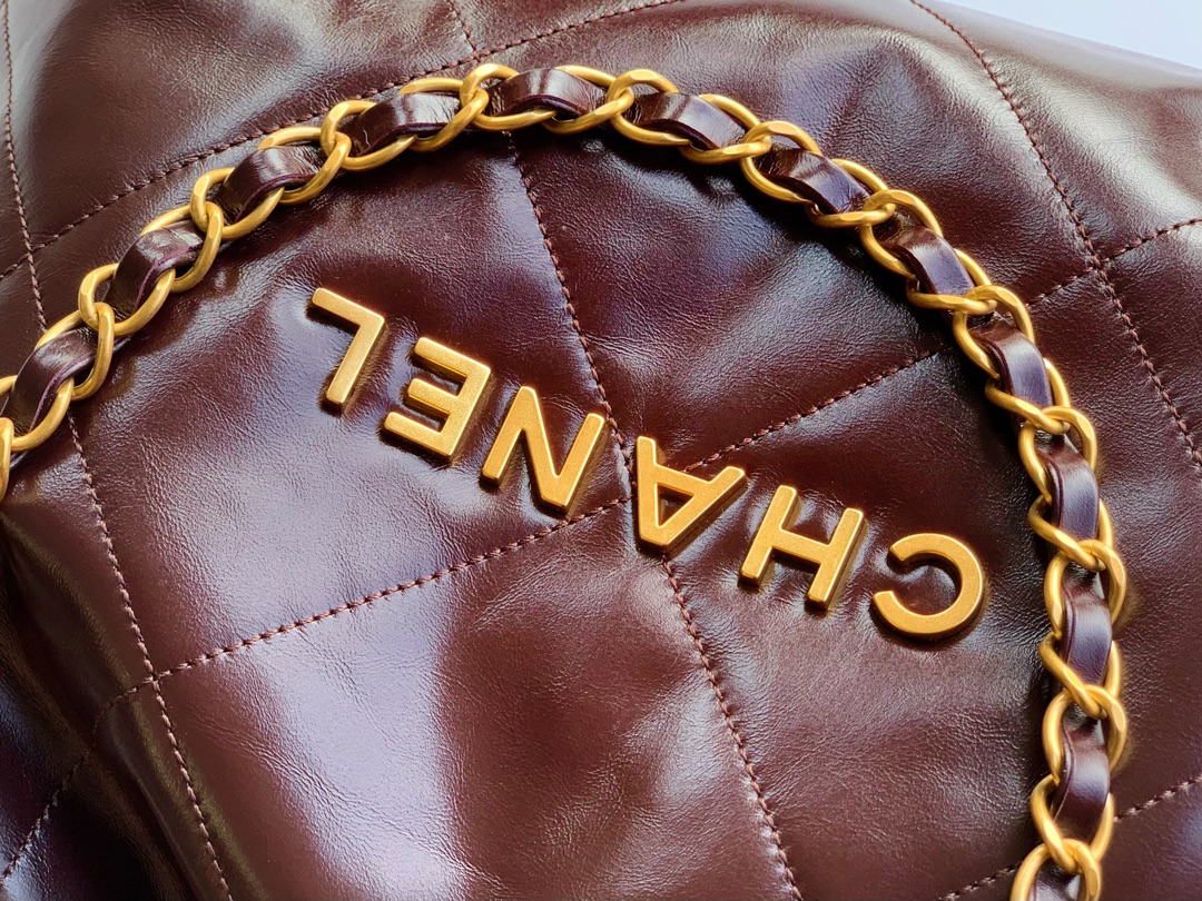 CHANEL 22 Handbag Shiny Calfskin & Gold-Tone Metal Dark Brown