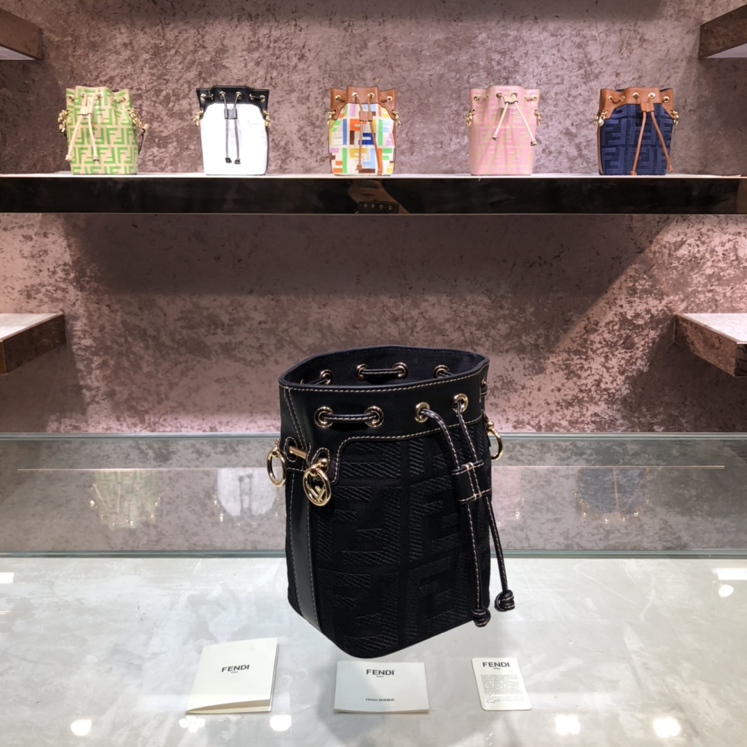 FENDI-Black Denim FF Logo Embroidered Bucket Bag