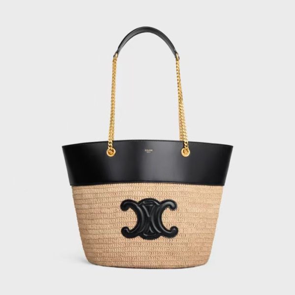 CHAIN BUCKET CELINE CLASSIC PANIER IN RAFFIA AND CALFSKIN NATURAL / BLACK