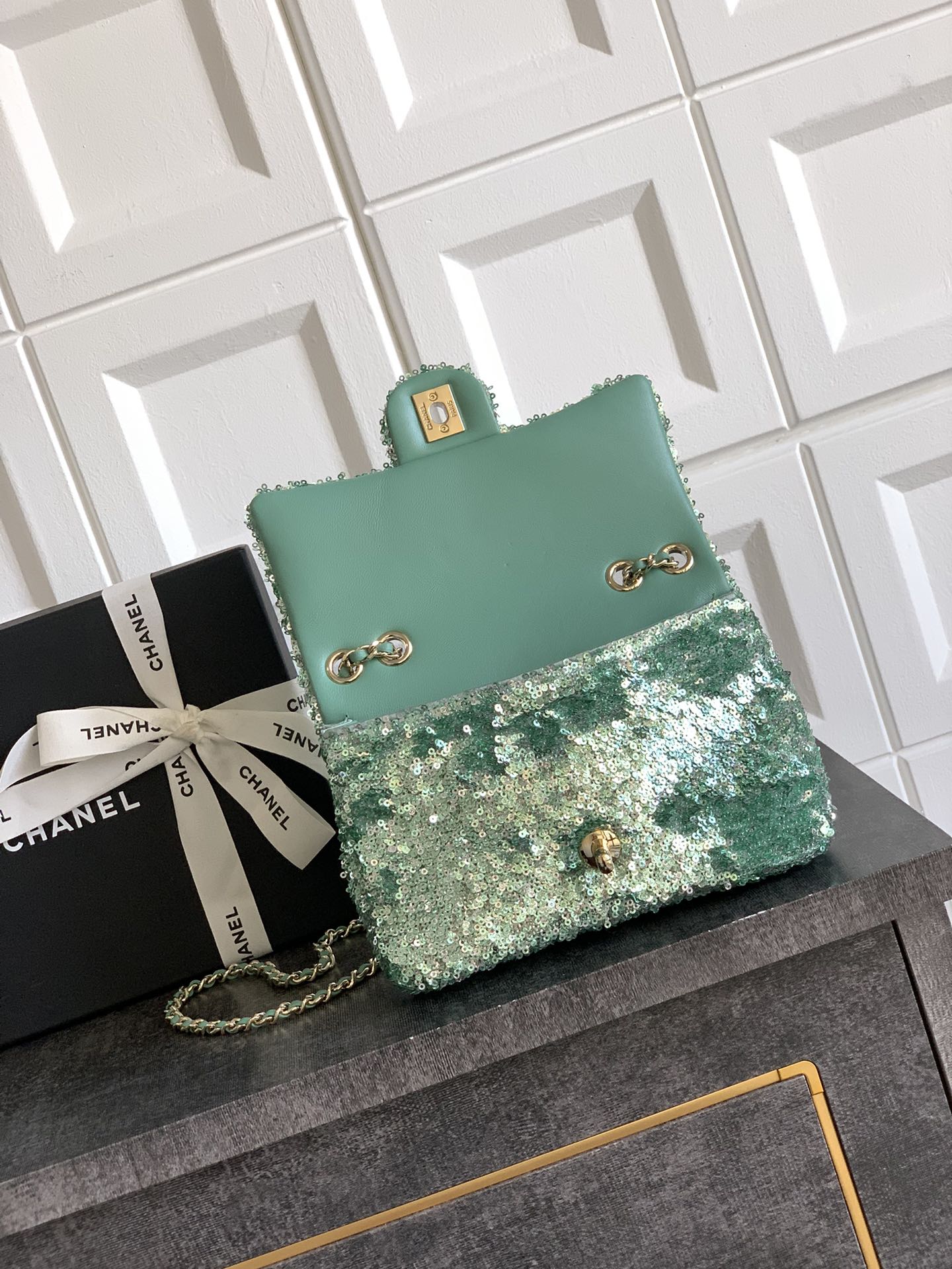 Chanel Chanel Green Sequins and Satin Mini Square Classic Flap Bag