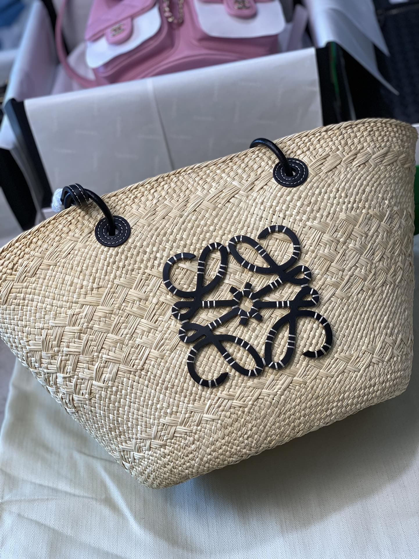 Loewe- Anagram Basket bag in iraca palm and calfskin